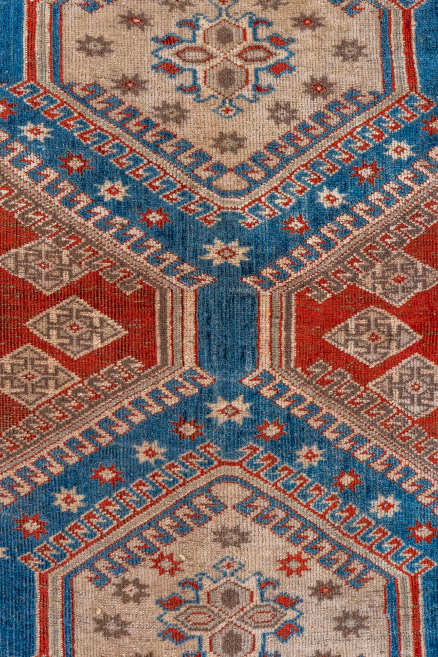 7' x 10' one-of-a-kind handmade vintage Shiraz large size rug. Color palette: blue, ivory, rust, light blue, camel, taupe