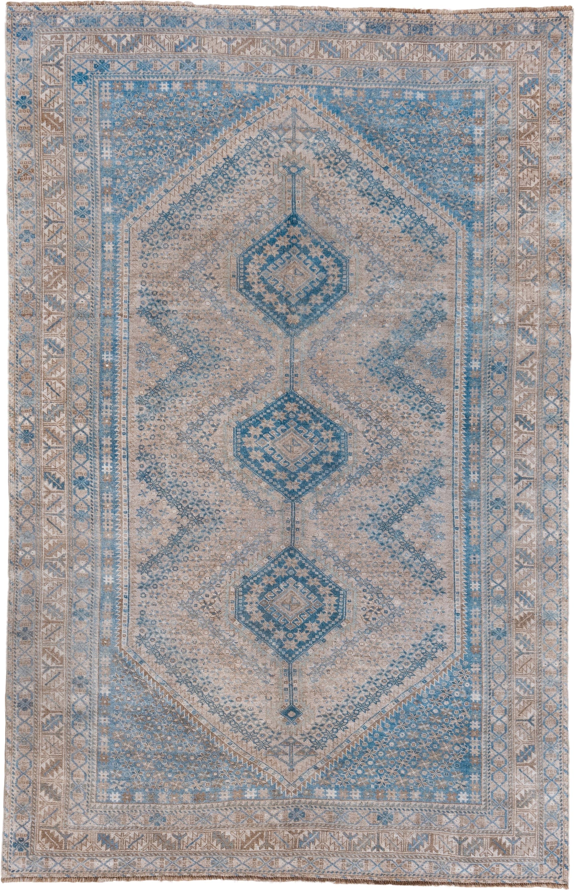 6' x 10' one-of-a-kind handmade vintage Shiraz large size rug. Color palette: ivory, sky blue, taupe, beige, slate, camel