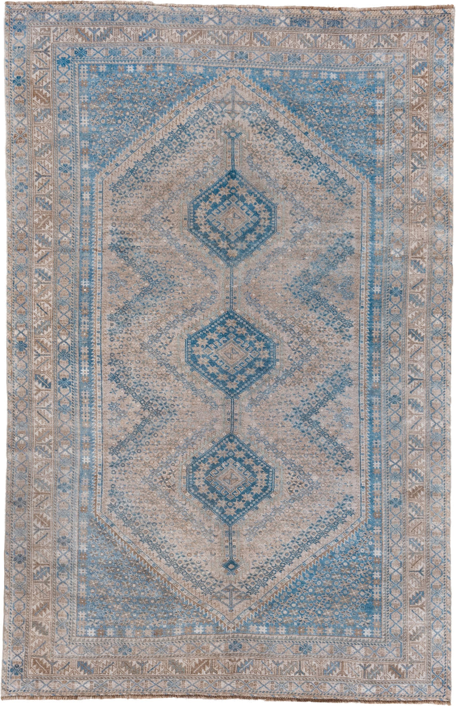 6' x 10' one-of-a-kind handmade vintage Shiraz large size rug. Color palette: ivory, sky blue, taupe, beige, slate, camel