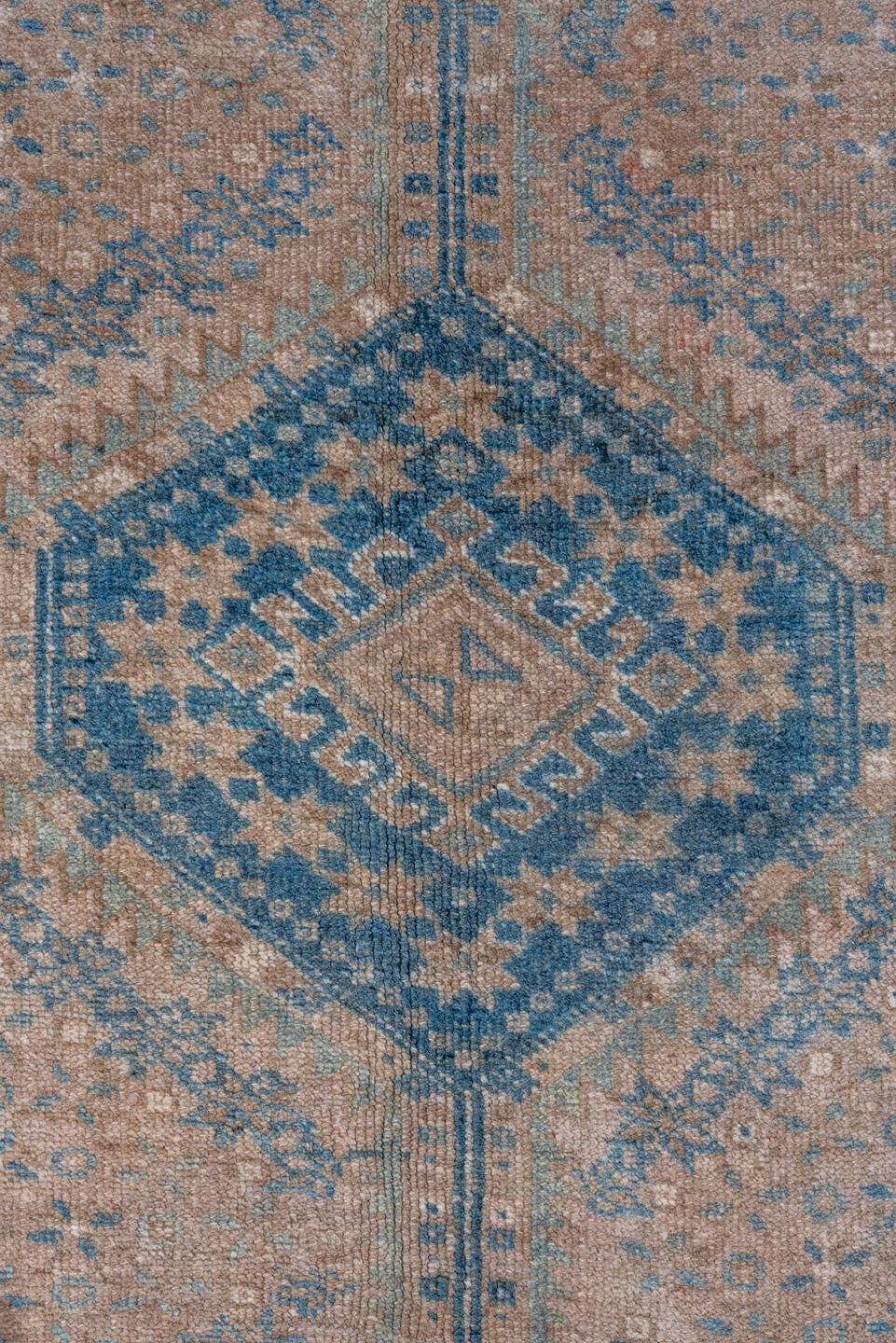 6' x 10' one-of-a-kind handmade vintage Shiraz large size rug. Color palette: ivory, sky blue, taupe, beige, slate, camel
