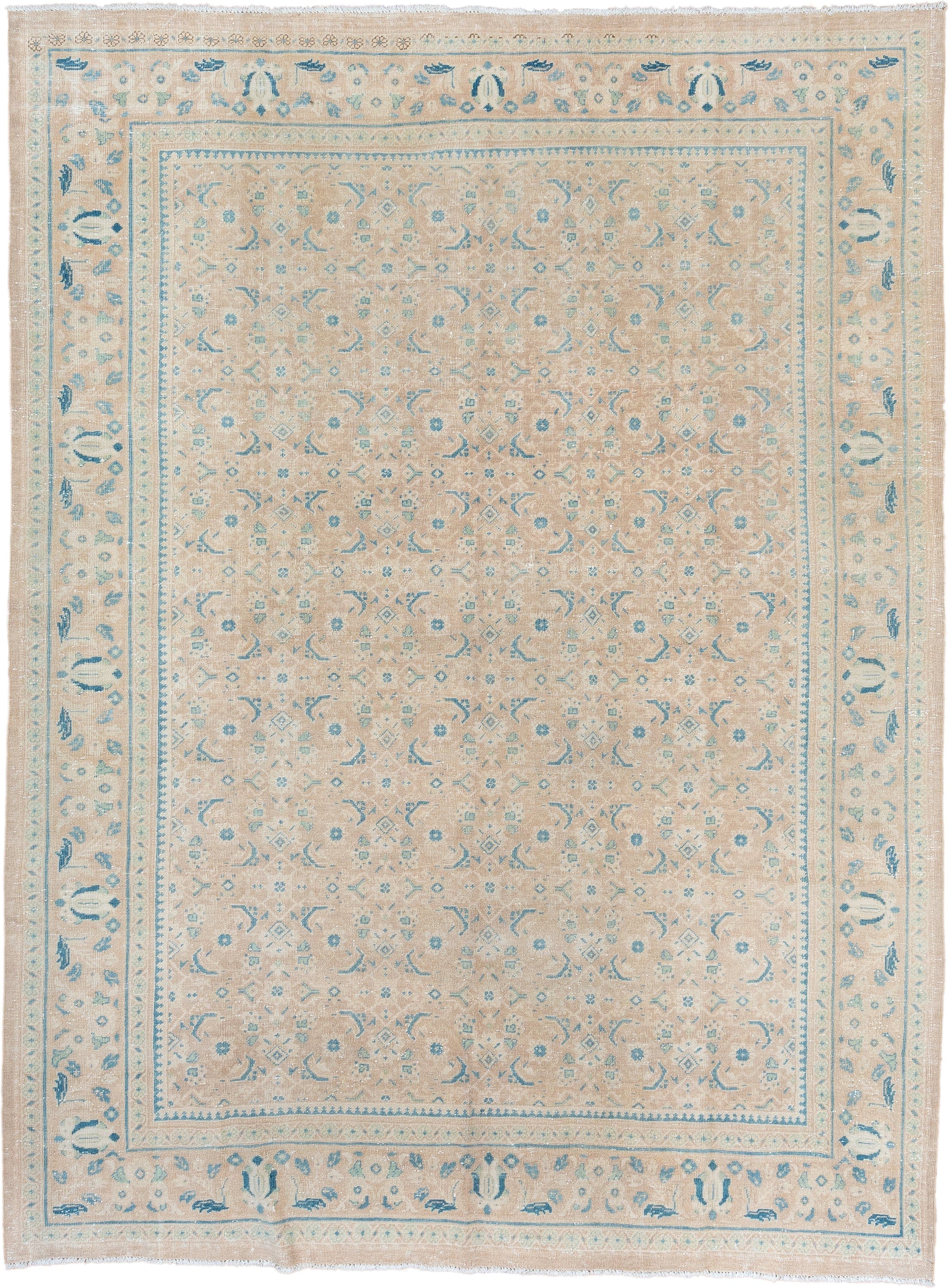 7' x 10' one-of-a-kind handmade vintage Mahal large size rug. Color palette: beige, ivory, pale blue, sky blue, taupe