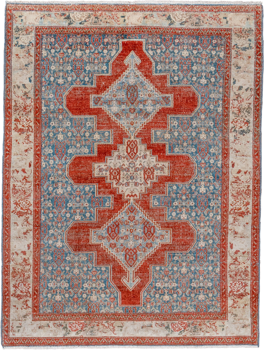 3' x 4' one-of-a-kind handmade vintage Senne small size rug. Color palette: sky blue, rust, ivory, slate, terracotta