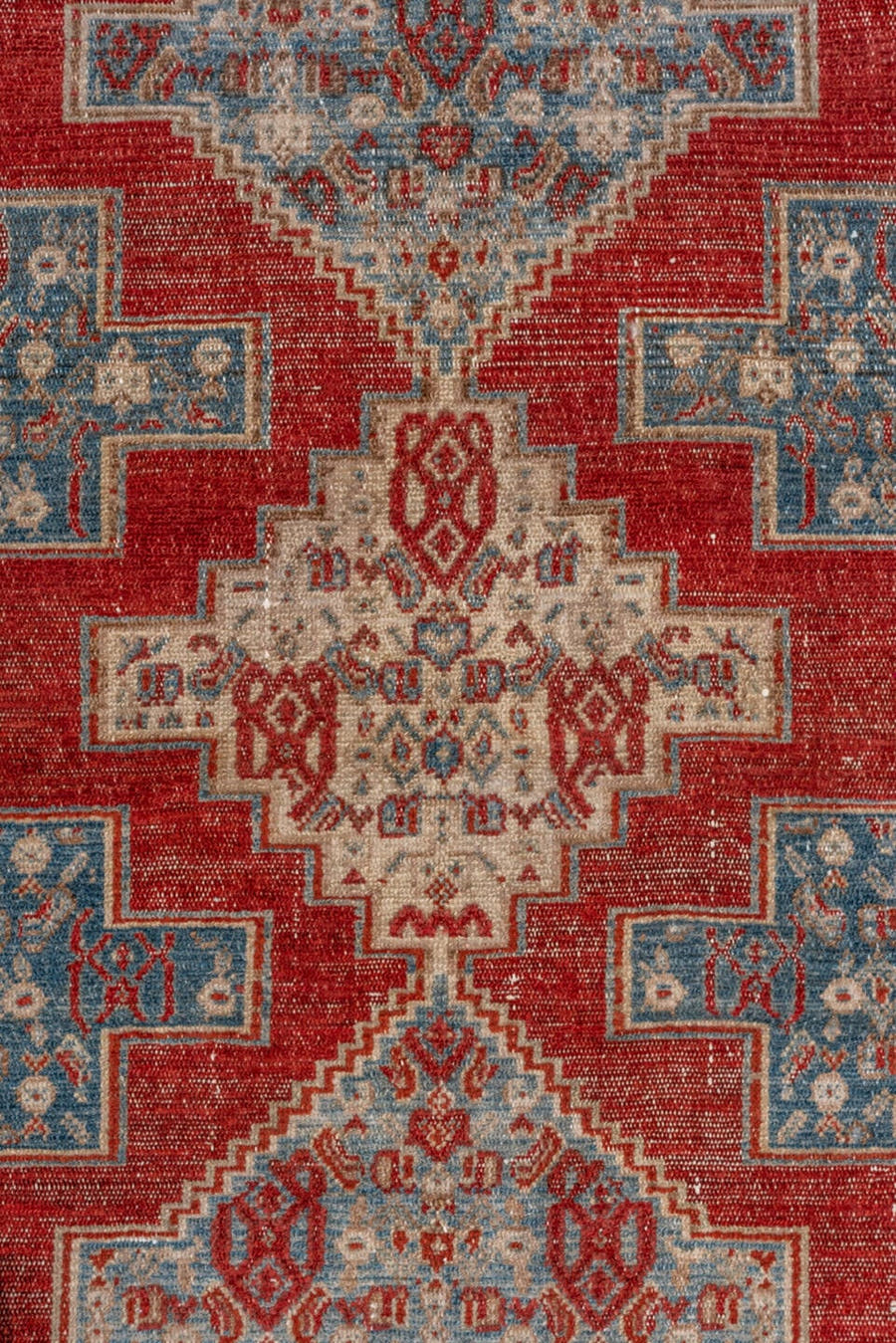3' x 4' one-of-a-kind handmade vintage Senne small size rug. Color palette: sky blue, rust, ivory, slate, terracotta