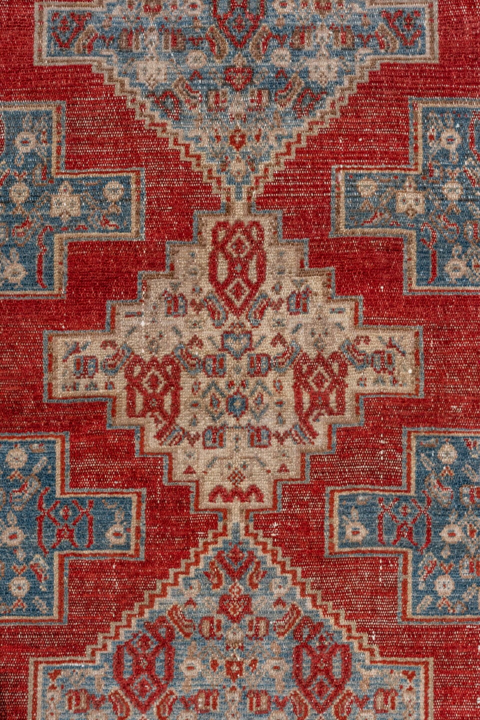 3' x 4' one-of-a-kind handmade vintage Senne small size rug. Color palette: sky blue, rust, ivory, slate, terracotta