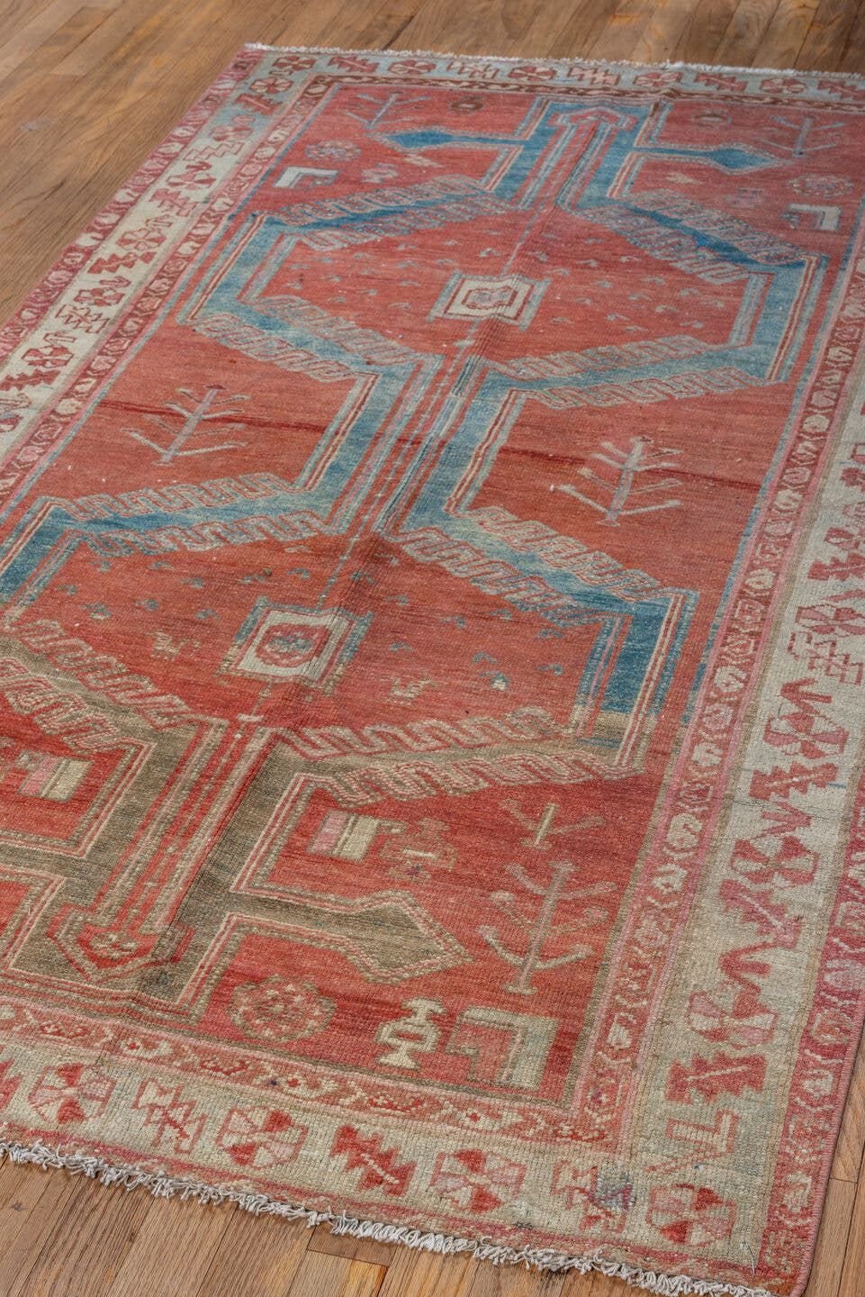 3' x 6' one-of-a-kind handmade vintage Malayer small size rug. Color palette: terra cotta, ivory, sky blue, rose, rust