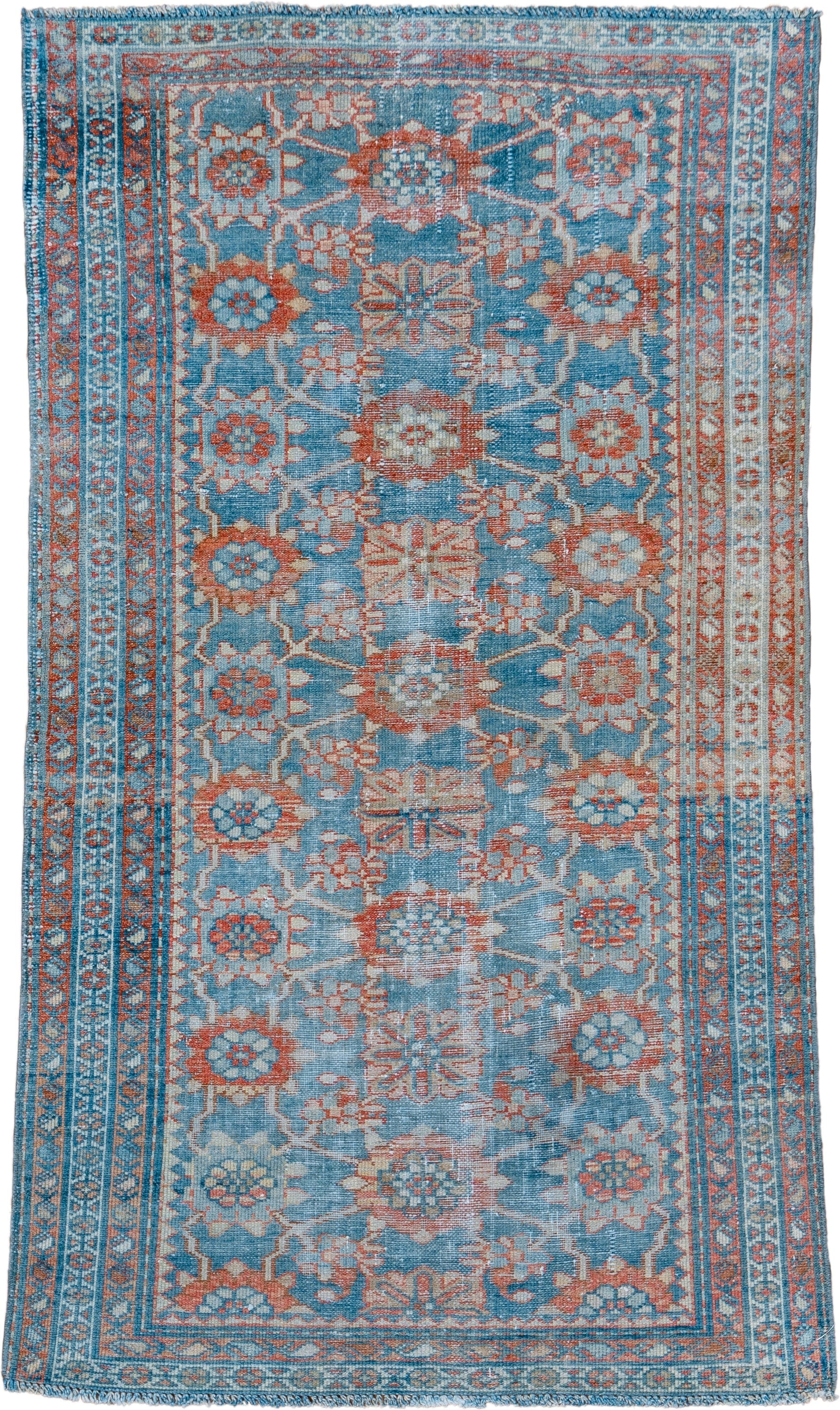 3' x 6' one-of-a-kind handmade vintage Malayer small size rug. Color palette: sky blue, rust, ivory, coral, slate, teal
