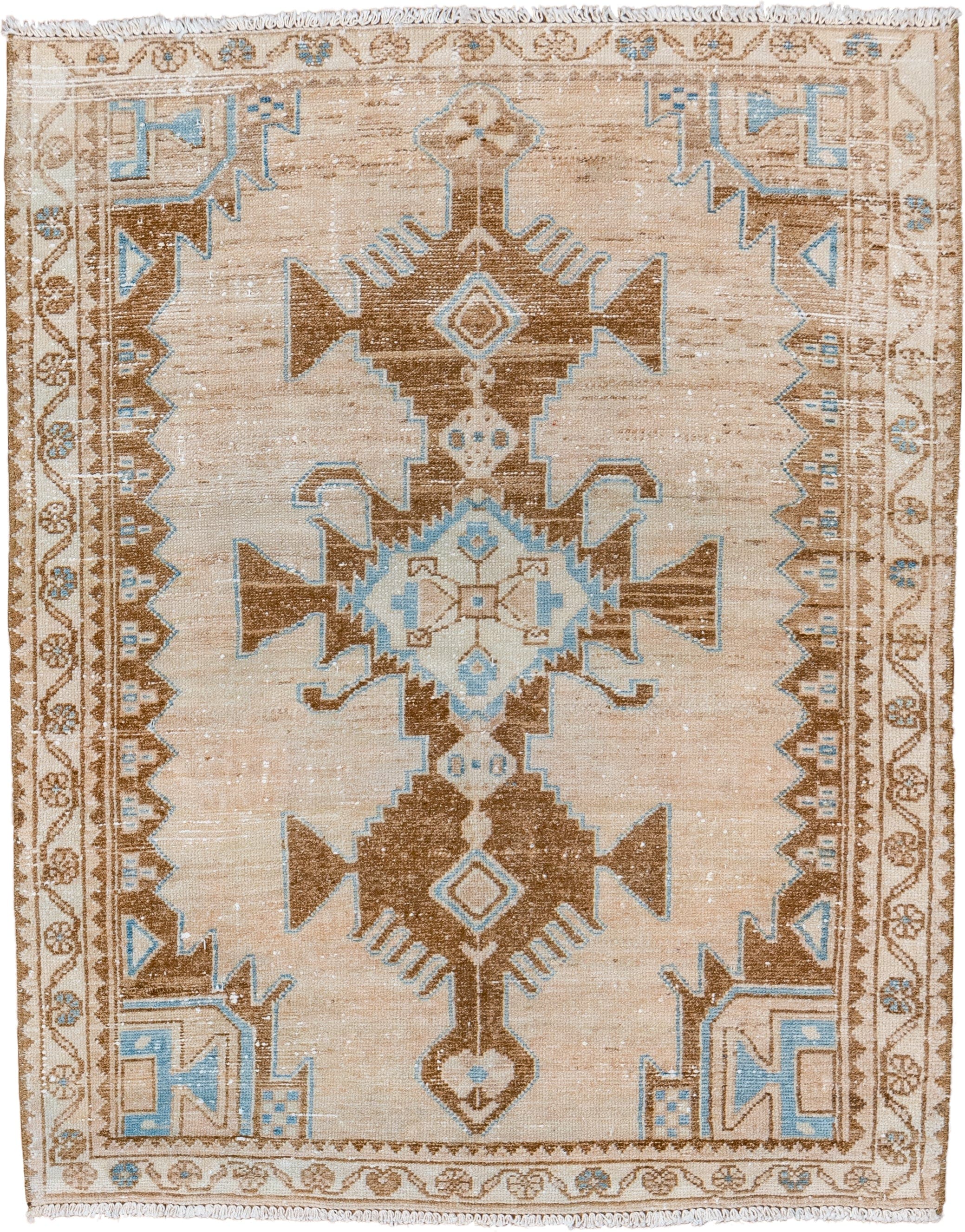 3' x 4' one-of-a-kind handmade vintage Malayer small size rug. Color palette: ivory, camel, sky_blue, taupe, light_blue
