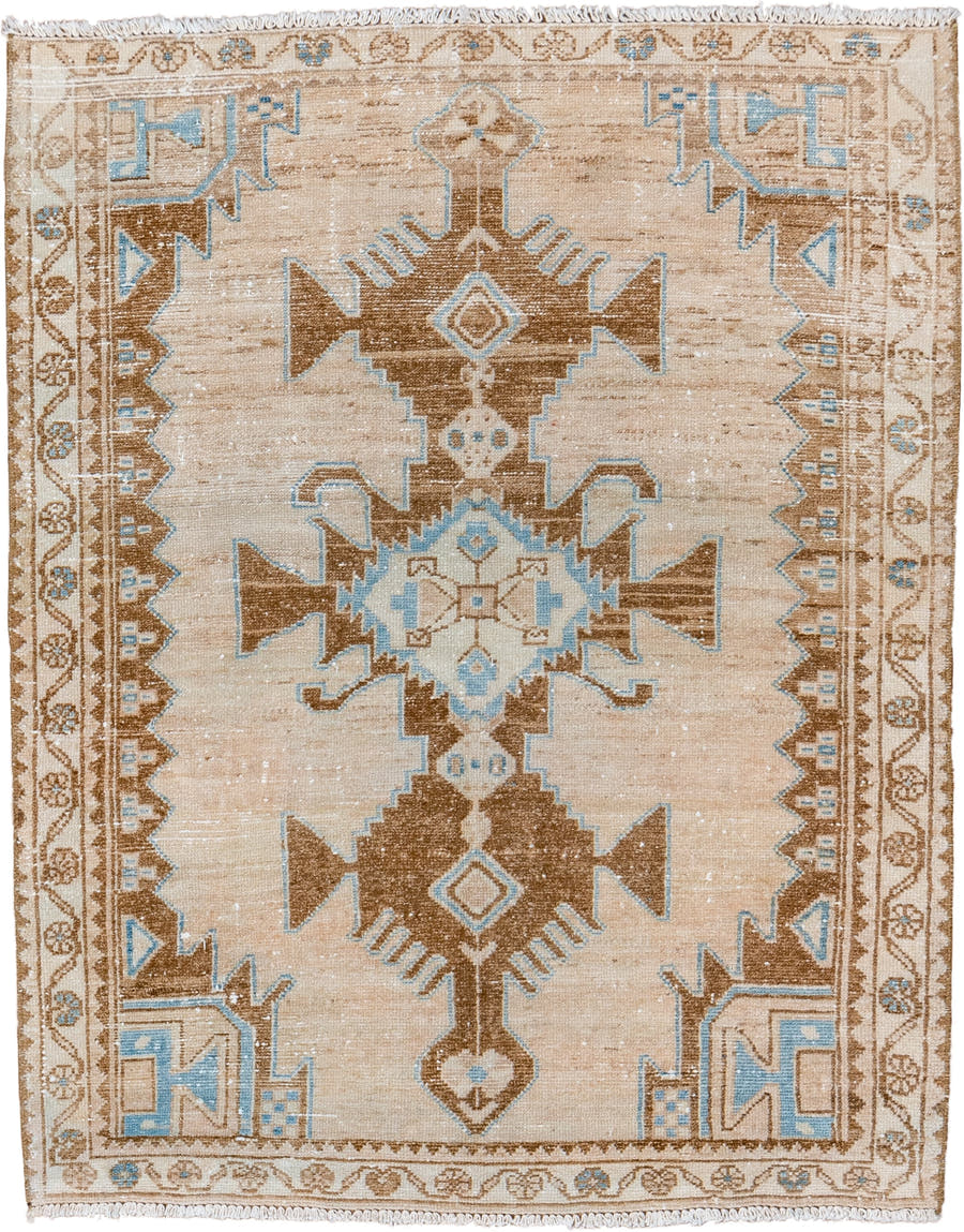 3' x 4' one-of-a-kind handmade vintage Malayer small size rug. Color palette: ivory, camel, sky_blue, taupe, light_blue