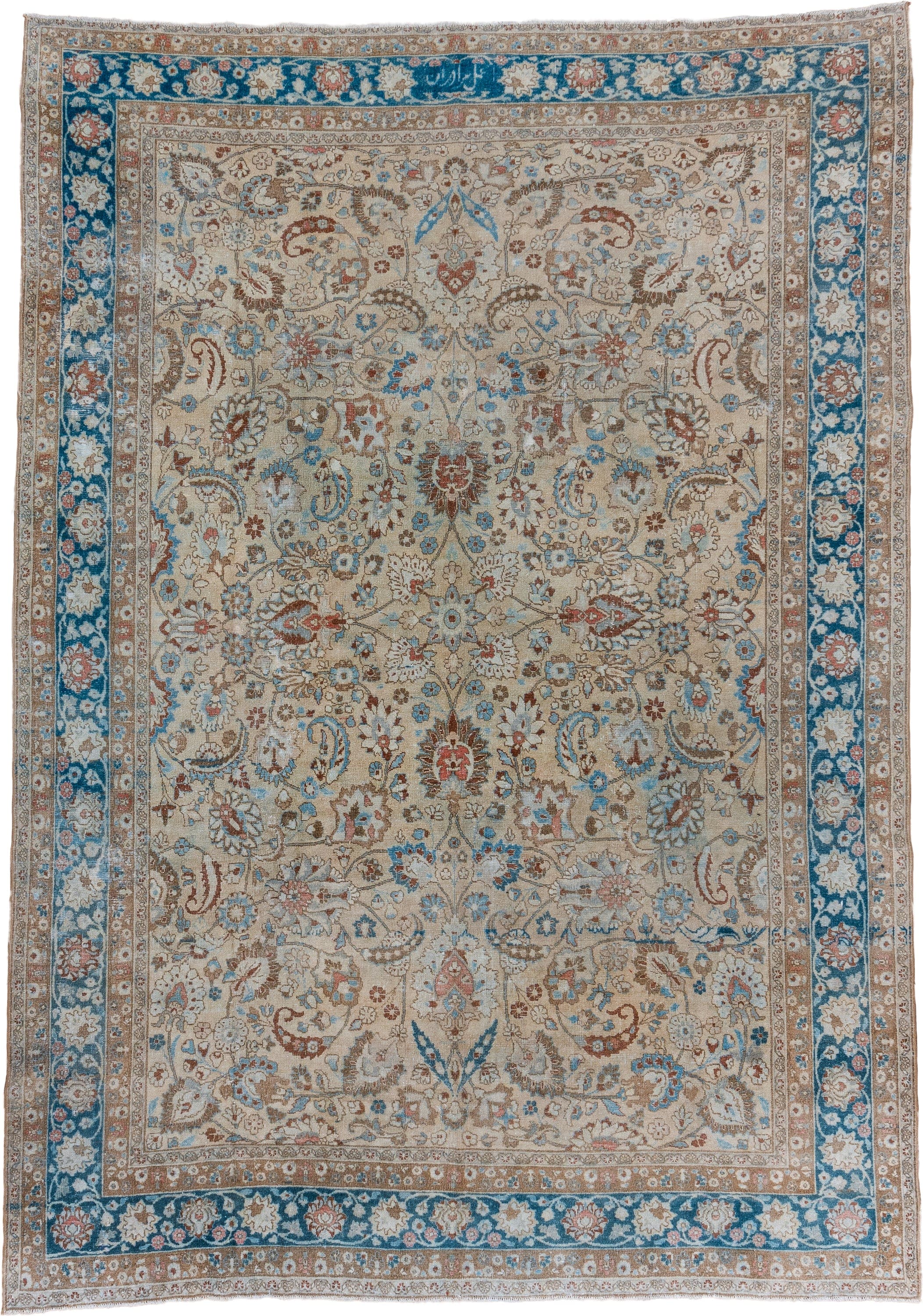 8' x 11' one-of-a-kind handmade vintage Tabriz large size rug. Color palette: ivory, blue, taupe, rust, sky_blue, cream