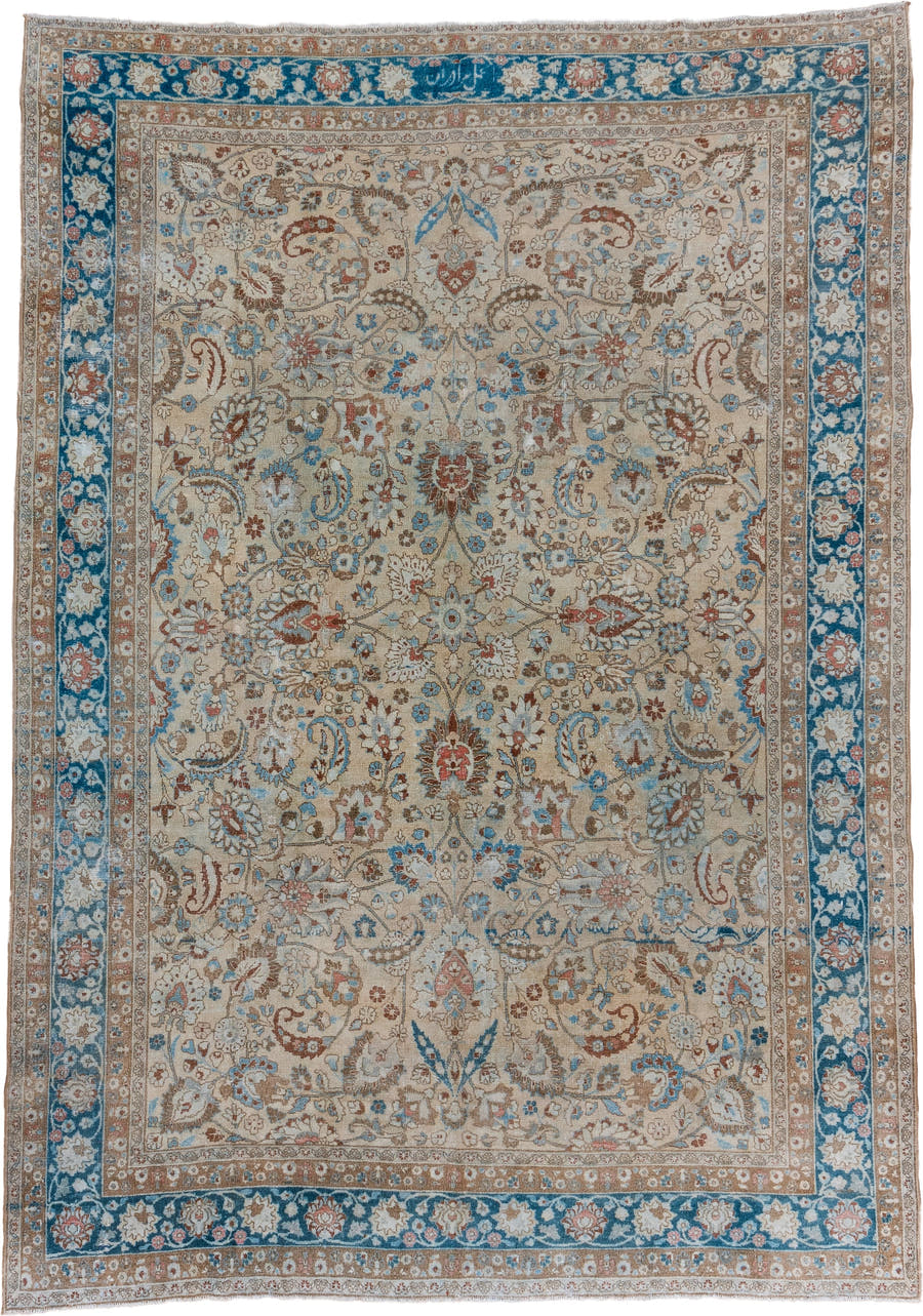 8' x 11' one-of-a-kind handmade vintage Tabriz large size rug. Color palette: ivory, blue, taupe, rust, sky_blue, cream