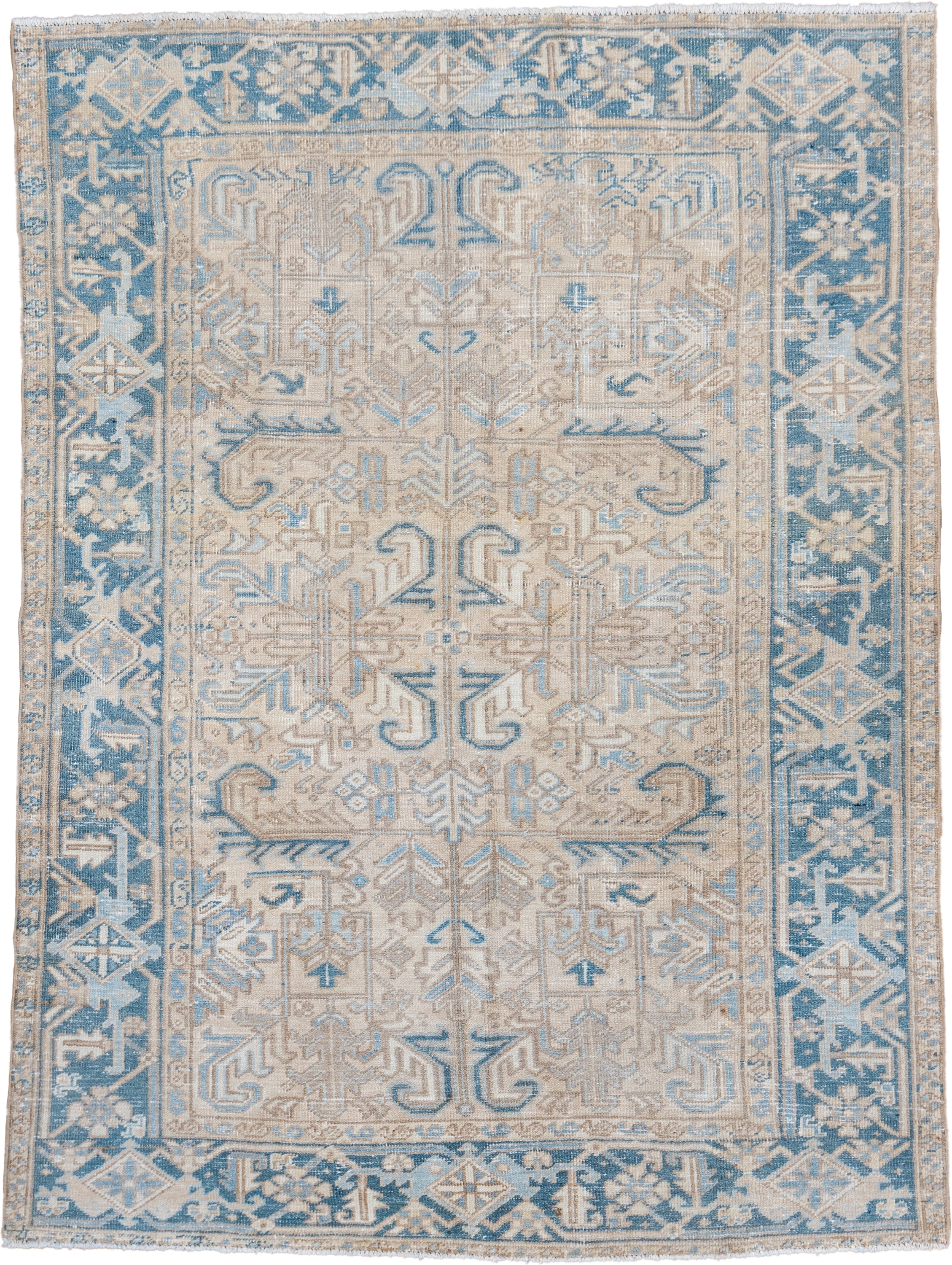 6' x 8' one-of-a-kind handmade vintage Heriz medium size rug. Color palette: ivory, sky blue, beige, taupe, cream