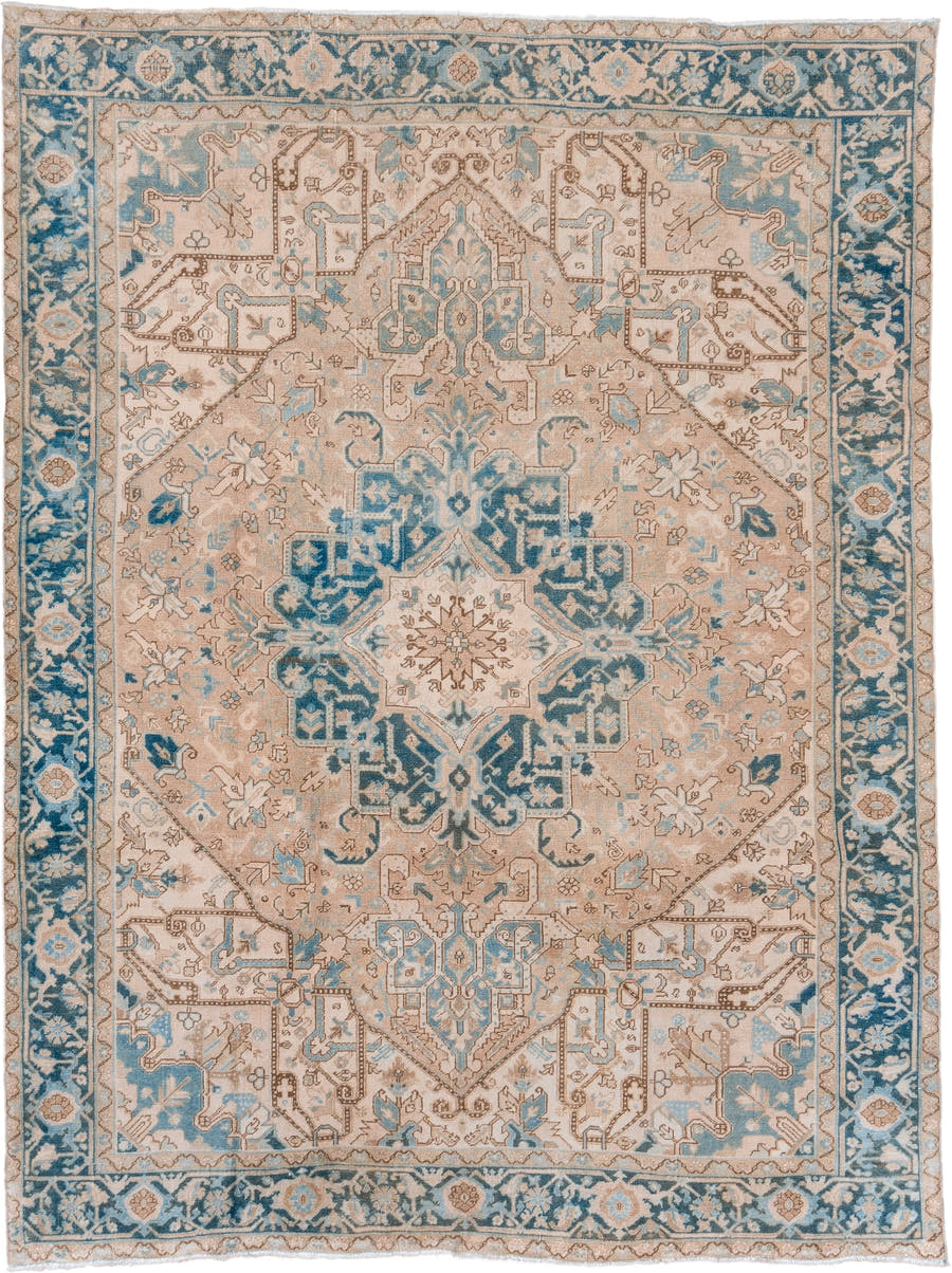 8' x 10' one-of-a-kind handmade vintage Heriz large size rug. Color palette: ivory, sky blue, teal, taupe, camel, beige
