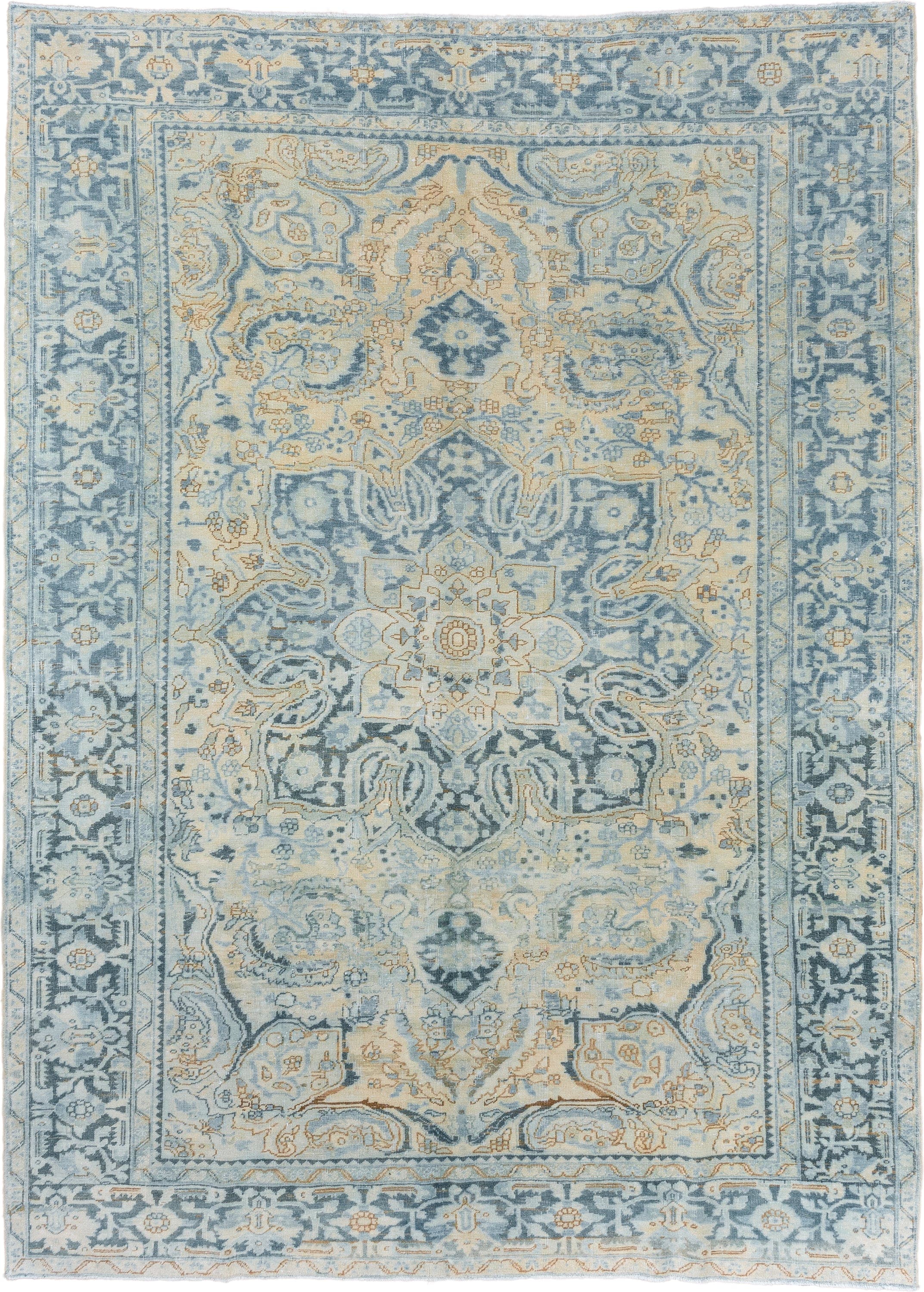 8' x 11' one-of-a-kind handmade vintage Heriz large size rug. Color palette: light blue, ivory, slate, beige, camel, gray