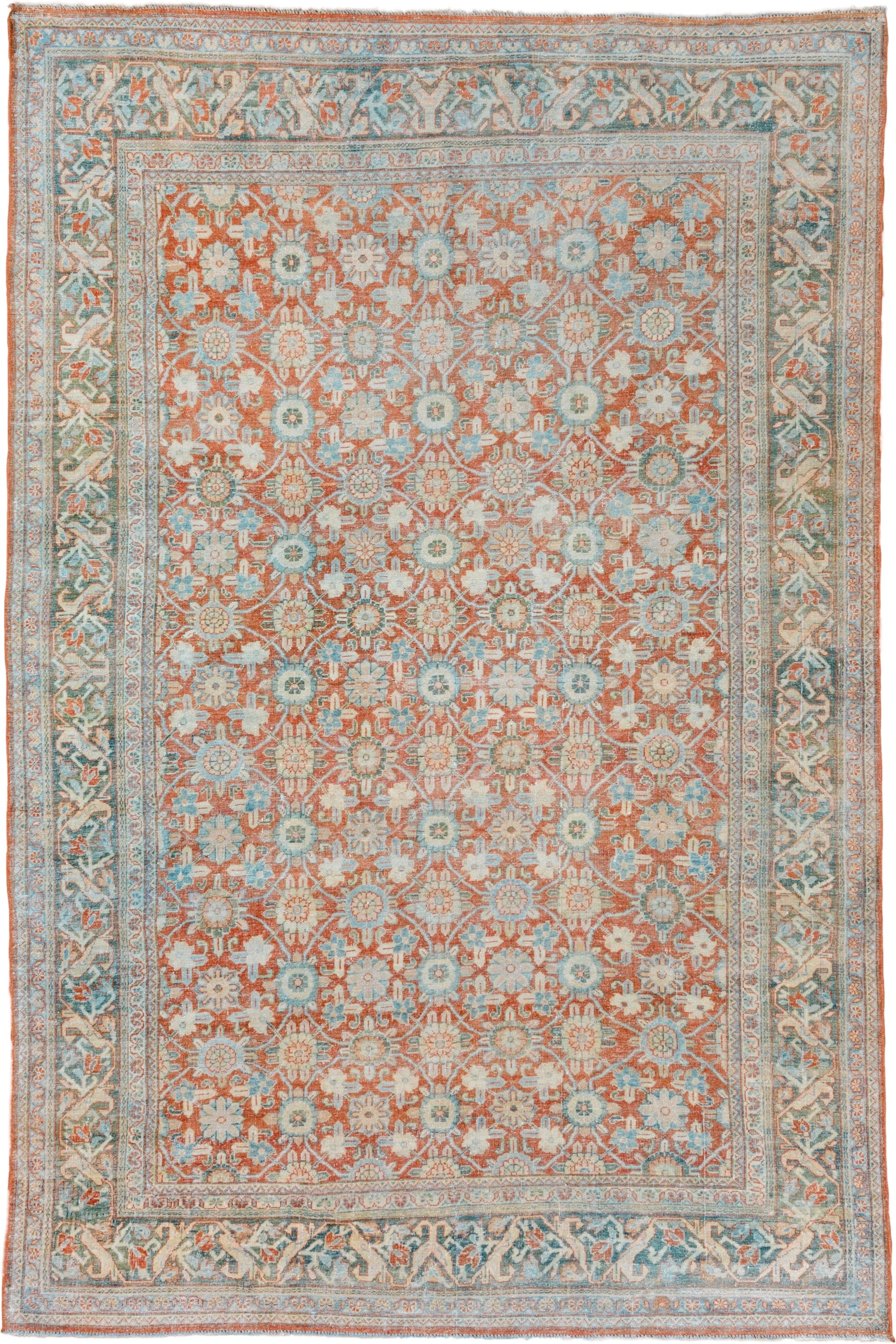 7' x 10' one-of-a-kind handmade vintage Mahal large size rug. Color palette: terra cotta, pale aqua, ivory, beige, sage