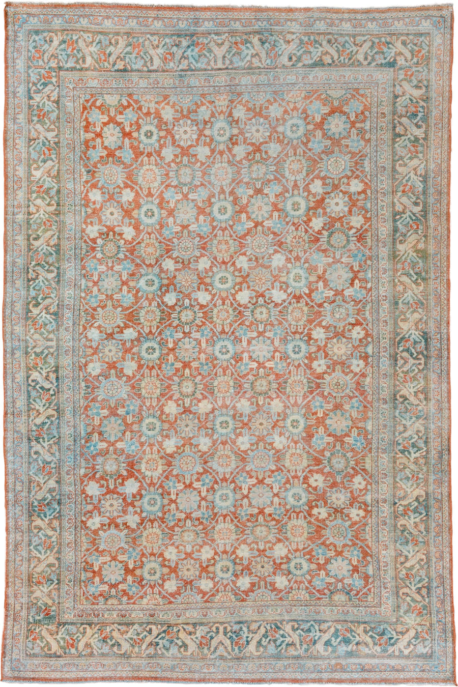 7' x 10' one-of-a-kind handmade vintage Mahal large size rug. Color palette: terra cotta, pale aqua, ivory, beige, sage