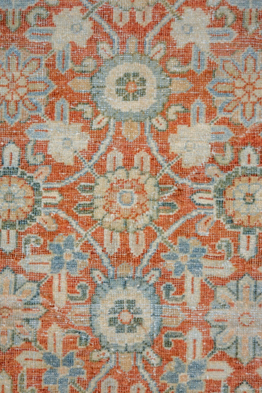 7' x 10' one-of-a-kind handmade vintage Mahal large size rug. Color palette: terra cotta, pale aqua, ivory, beige, sage
