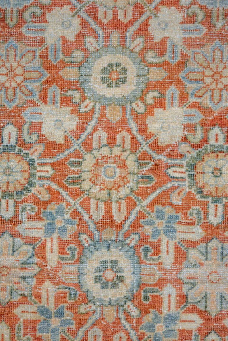 7' x 10' one-of-a-kind handmade vintage Mahal large size rug. Color palette: terra cotta, pale aqua, ivory, beige, sage