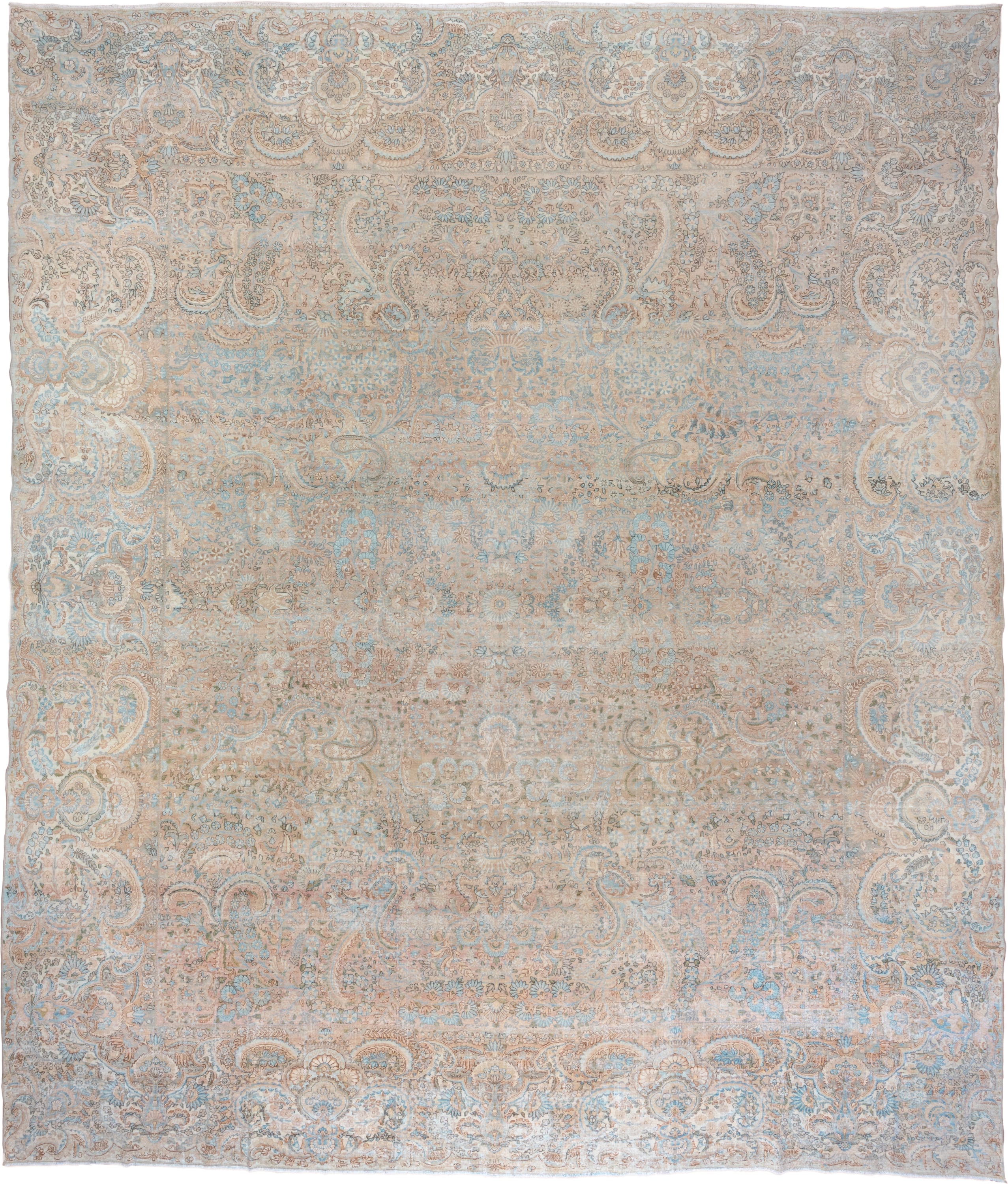 13' x 15' one-of-a-kind handmade vintage Kerman oversize rug. Color palette: ivory, sky blue, beige, taupe, blush, camel