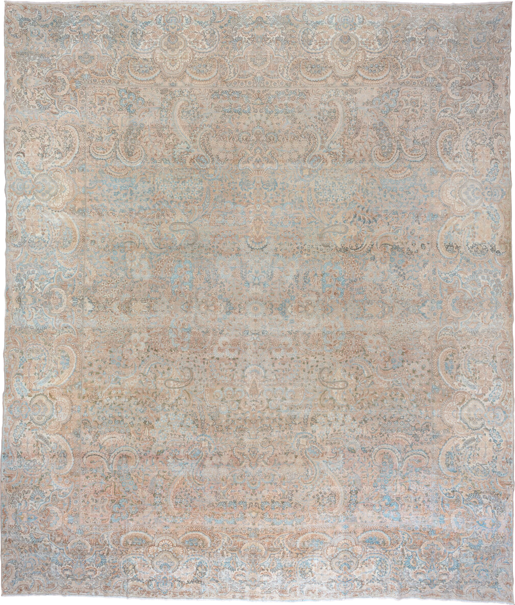 13' x 15' one-of-a-kind handmade vintage Kerman oversize rug. Color palette: ivory, sky blue, beige, taupe, blush, camel