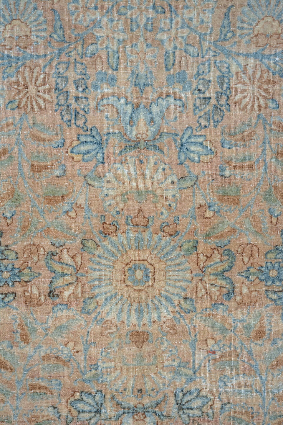 13' x 15' one-of-a-kind handmade vintage Kerman oversize rug. Color palette: ivory, sky blue, beige, taupe, blush, camel