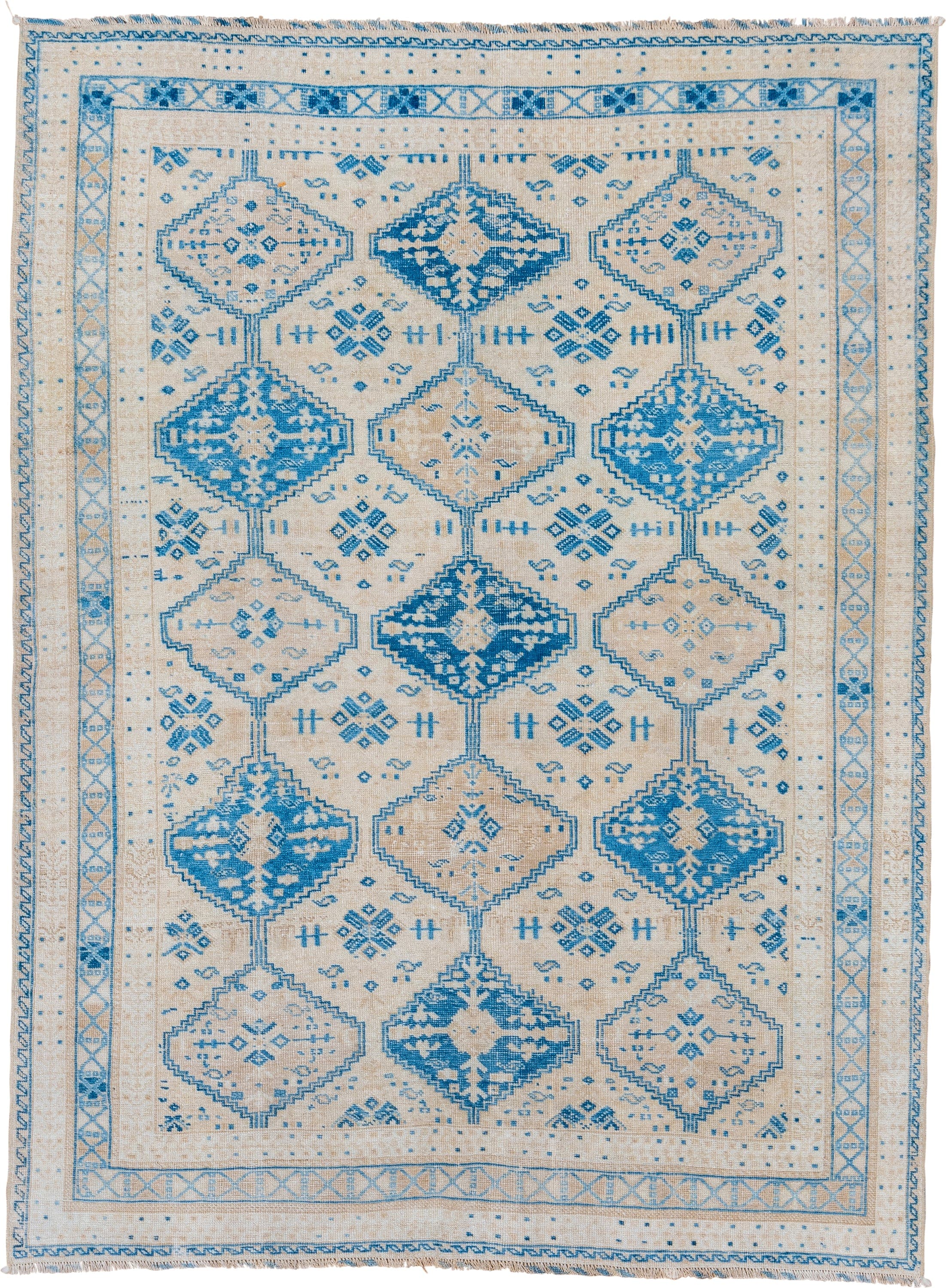 5' x 6' one-of-a-kind handmade vintage Afshar rug. Color palette: ivory, sky blue, beige, camel, light blue