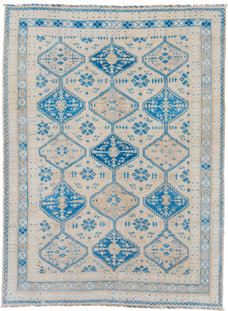 5' x 6' one-of-a-kind handmade vintage Afshar rug. Color palette: ivory, sky blue, beige, camel, light blue