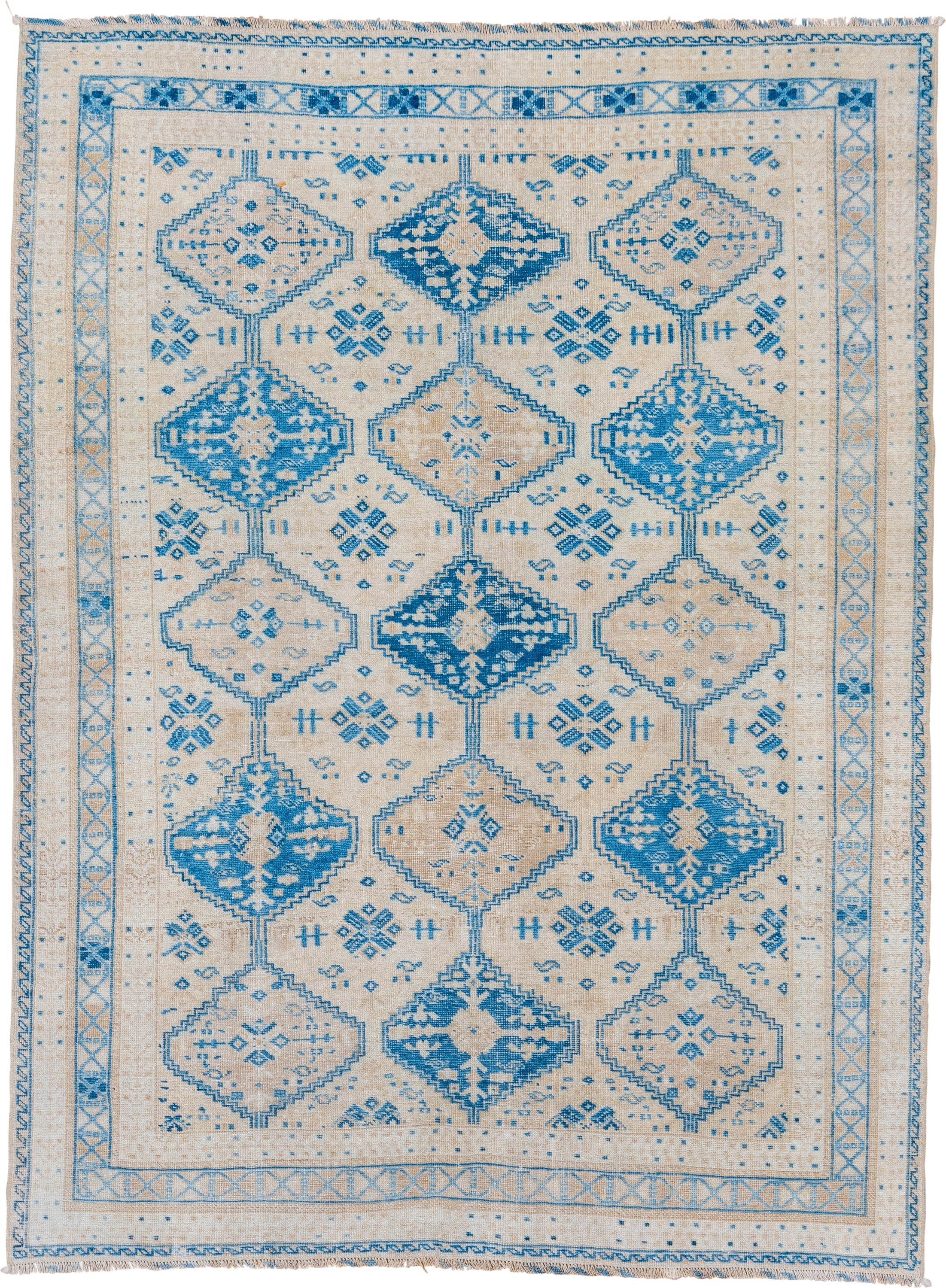 5' x 6' one-of-a-kind handmade vintage Afshar rug. Color palette: ivory, sky blue, beige, camel, light blue