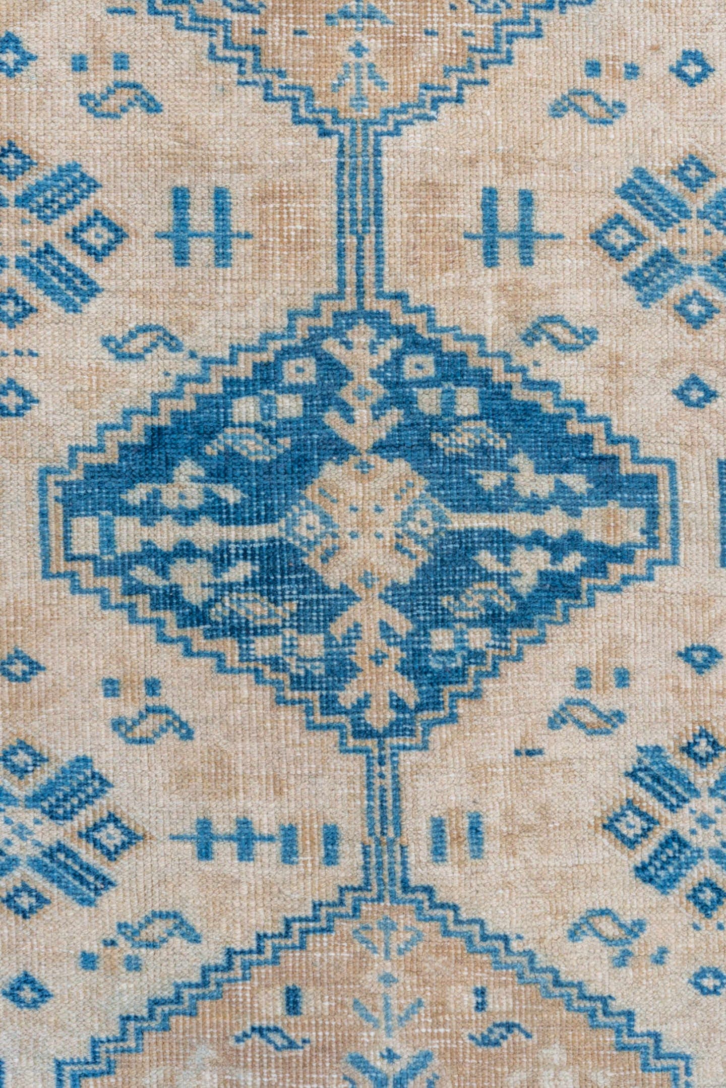 5' x 6' one-of-a-kind handmade vintage Afshar rug. Color palette: ivory, sky blue, beige, camel, light blue