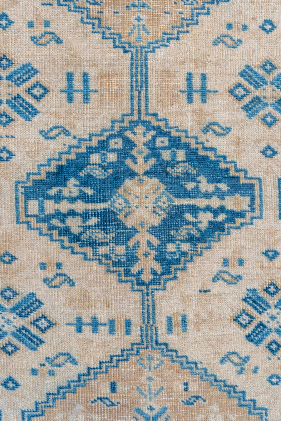 5' x 6' one-of-a-kind handmade vintage Afshar rug. Color palette: ivory, sky blue, beige, camel, light blue