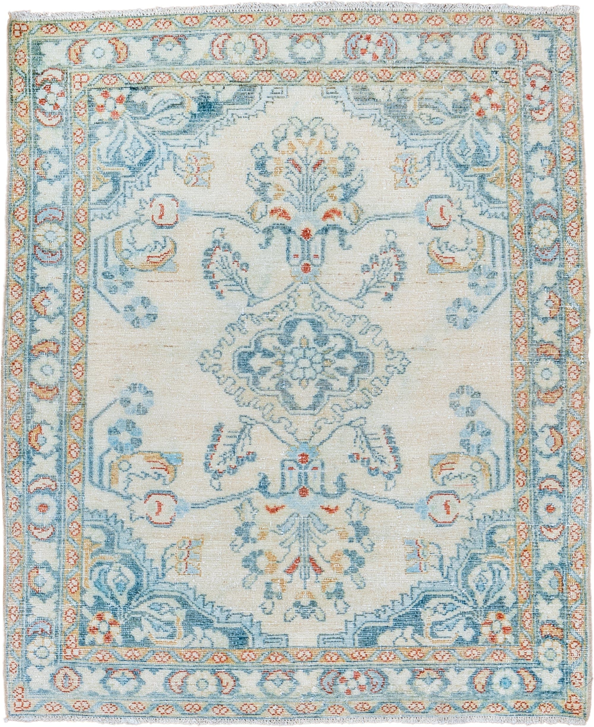 3' x 4' one-of-a-kind handmade vintage Lilian small size rug. Color palette: ivory, pale blue, sky blue, coral, gold