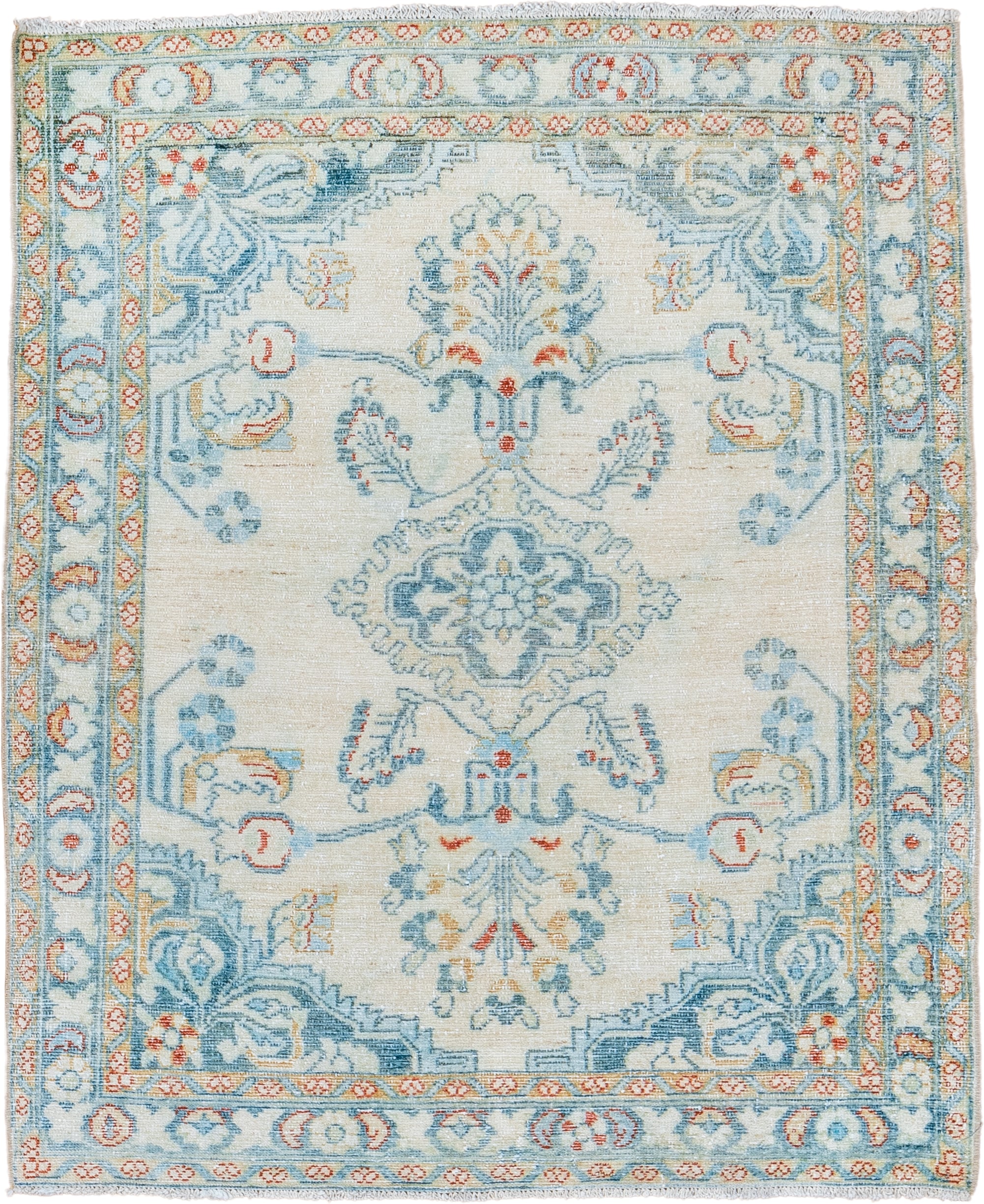 3' x 4' one-of-a-kind handmade vintage Lilian small size rug. Color palette: ivory, pale blue, sky blue, coral, gold