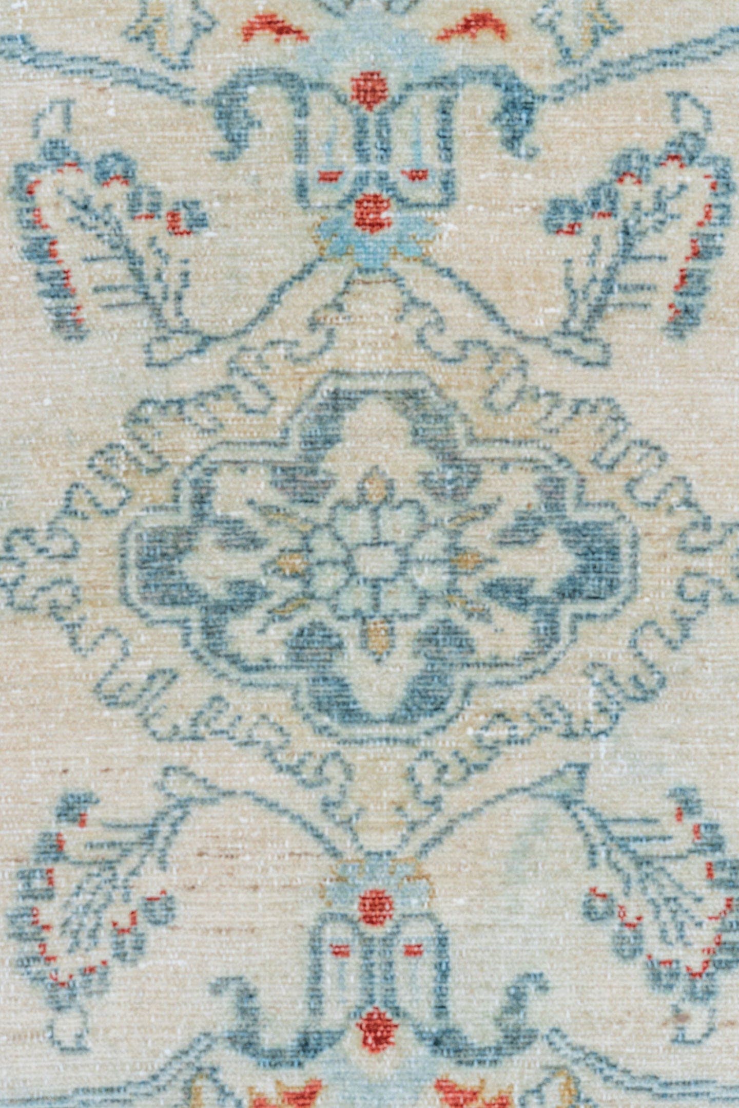 3' x 4' one-of-a-kind handmade vintage Lilian small size rug. Color palette: ivory, pale blue, sky blue, coral, gold