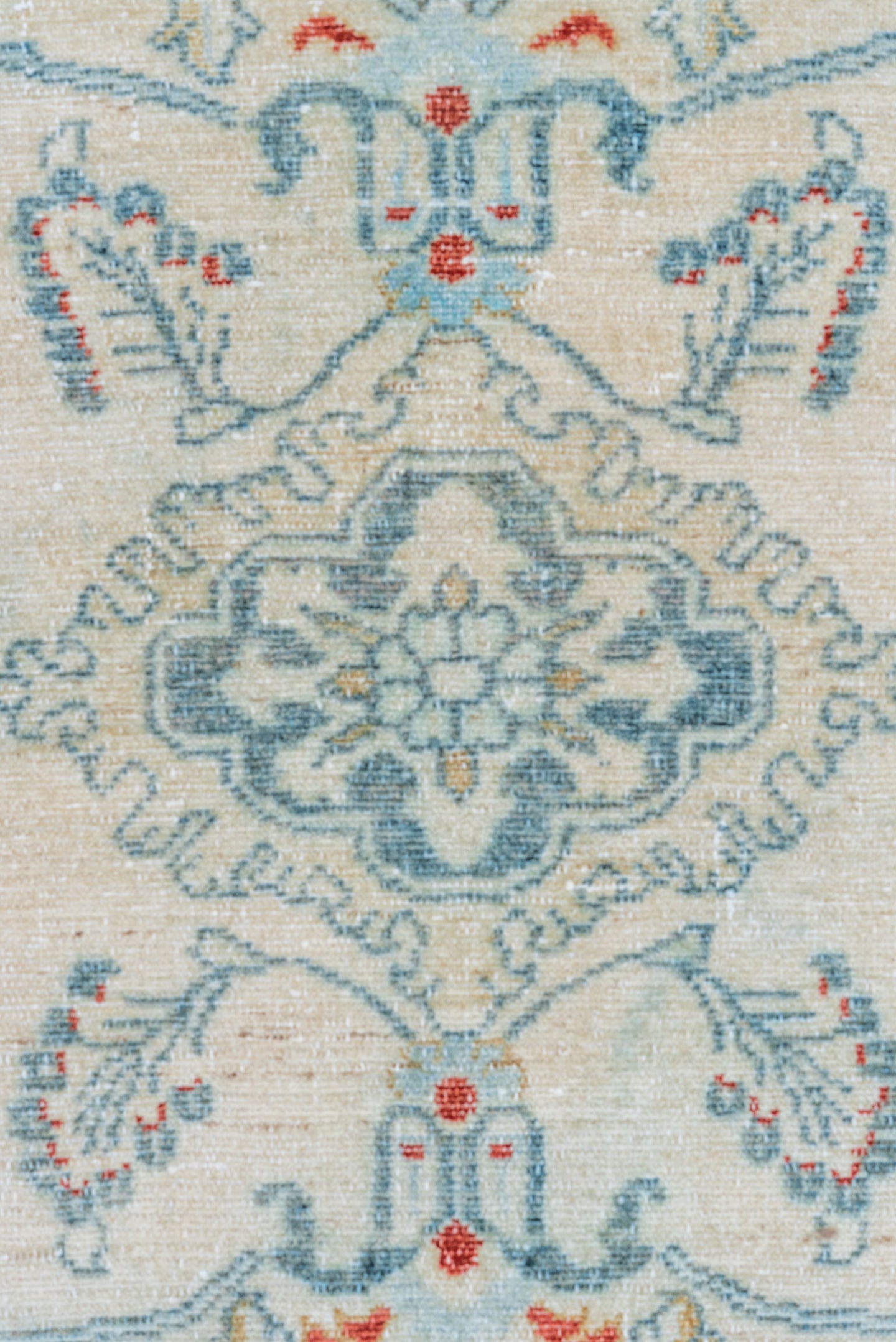 3' x 4' one-of-a-kind handmade vintage Lilian small size rug. Color palette: ivory, pale blue, sky blue, coral, gold