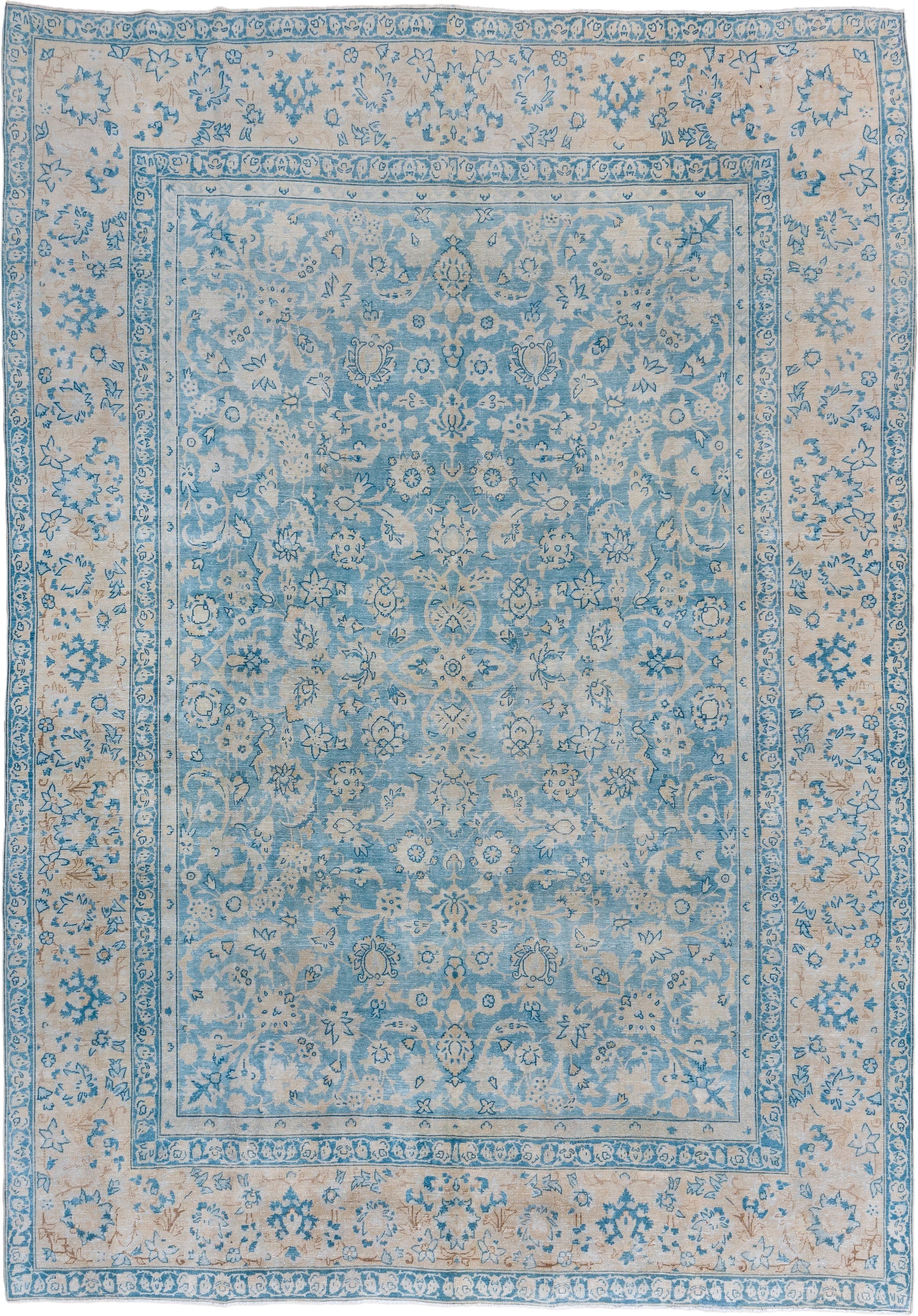 9' x 12' one-of-a-kind handmade vintage Tabriz large size rug. Color palette: sky blue, ivory, cream, beige, taupe
