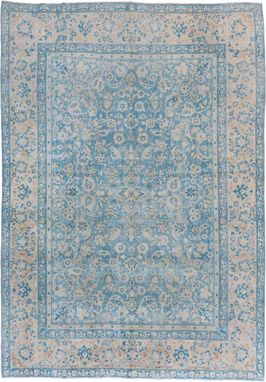 9' x 12' one-of-a-kind handmade vintage Tabriz large size rug. Color palette: sky blue, ivory, cream, beige, taupe