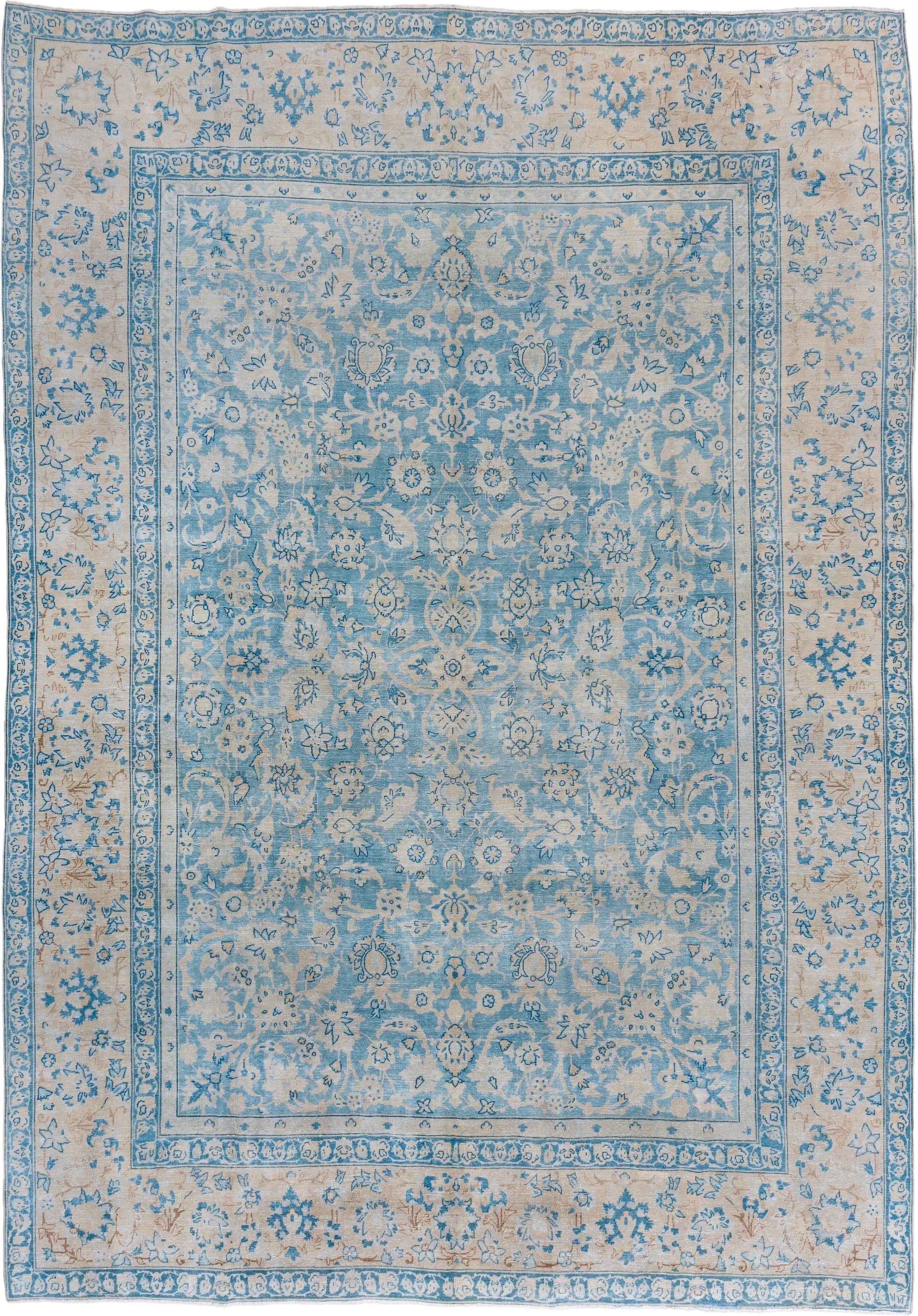 9' x 12' one-of-a-kind handmade vintage Tabriz large size rug. Color palette: sky blue, ivory, cream, beige, taupe