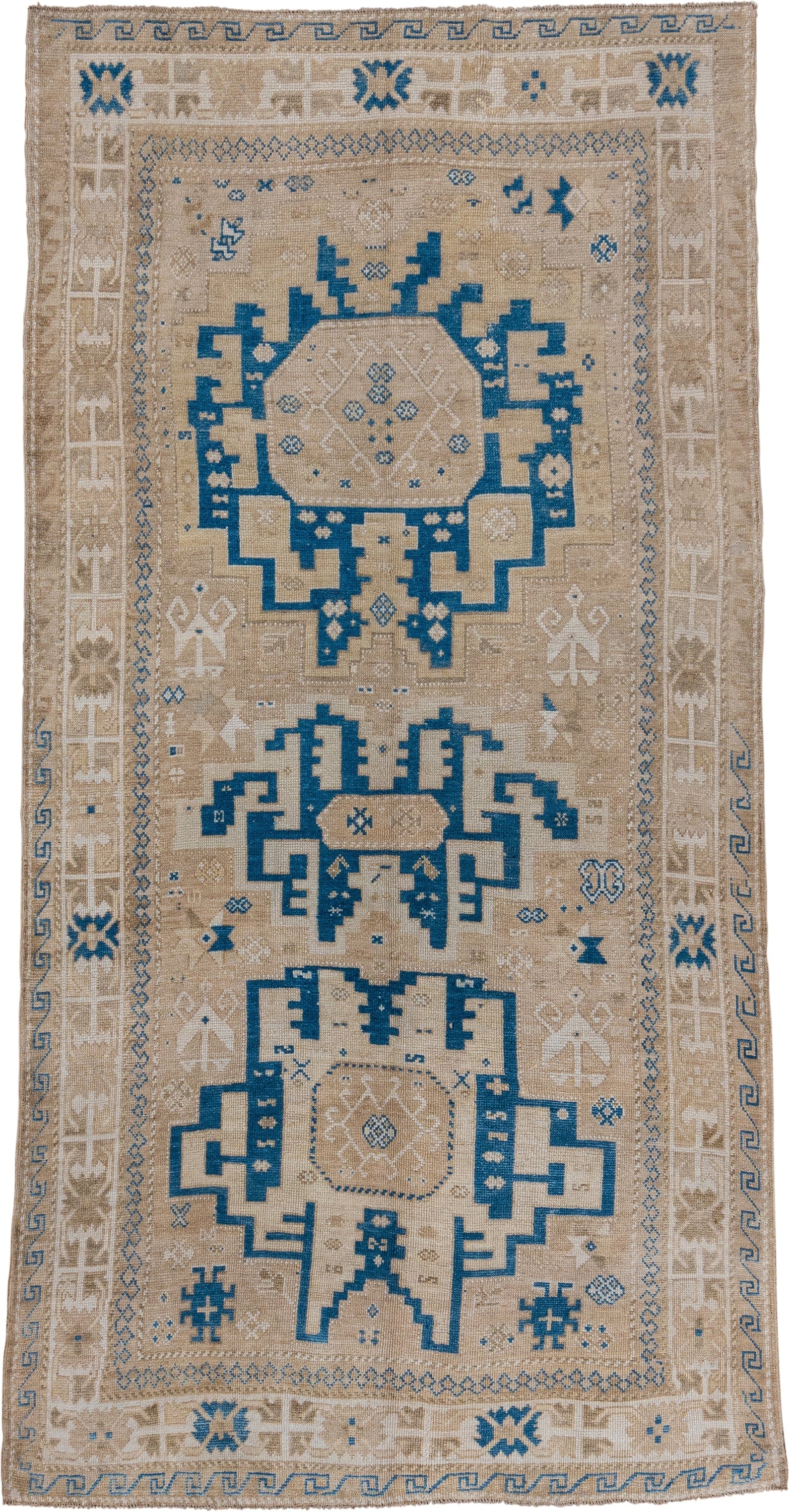 5' x 10' one-of-a-kind handmade vintage Oushak medium size rug. Color palette: ivory, beige, cobalt, taupe, blue, gray