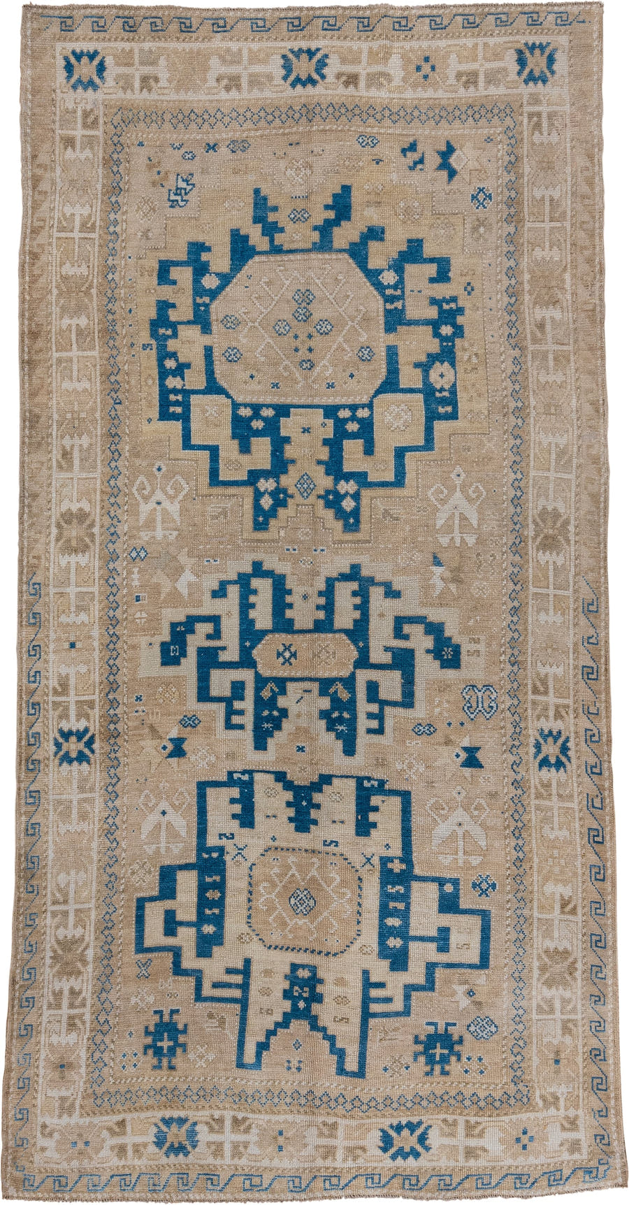 5' x 10' one-of-a-kind handmade vintage Oushak medium size rug. Color palette: ivory, beige, cobalt, taupe, blue, gray