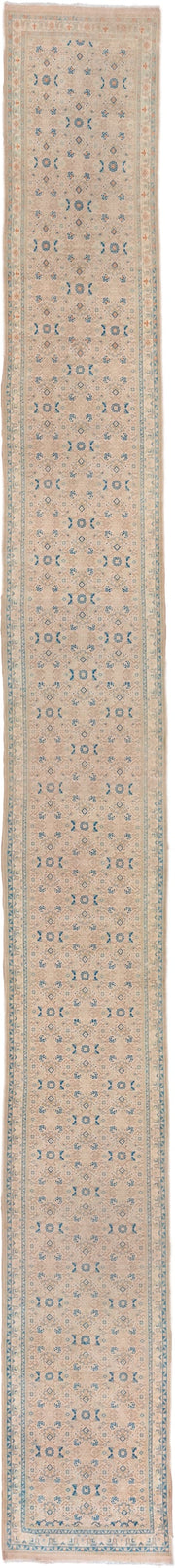2' x 22' one-of-a-kind handmade vintage Tabriz runner rug. Color palette: ivory, sky blue, beige, camel, taupe, light blue