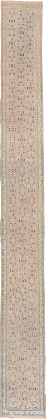 2' x 22' one-of-a-kind handmade vintage Tabriz runner rug. Color palette: ivory, sky blue, beige, camel, taupe, light blue