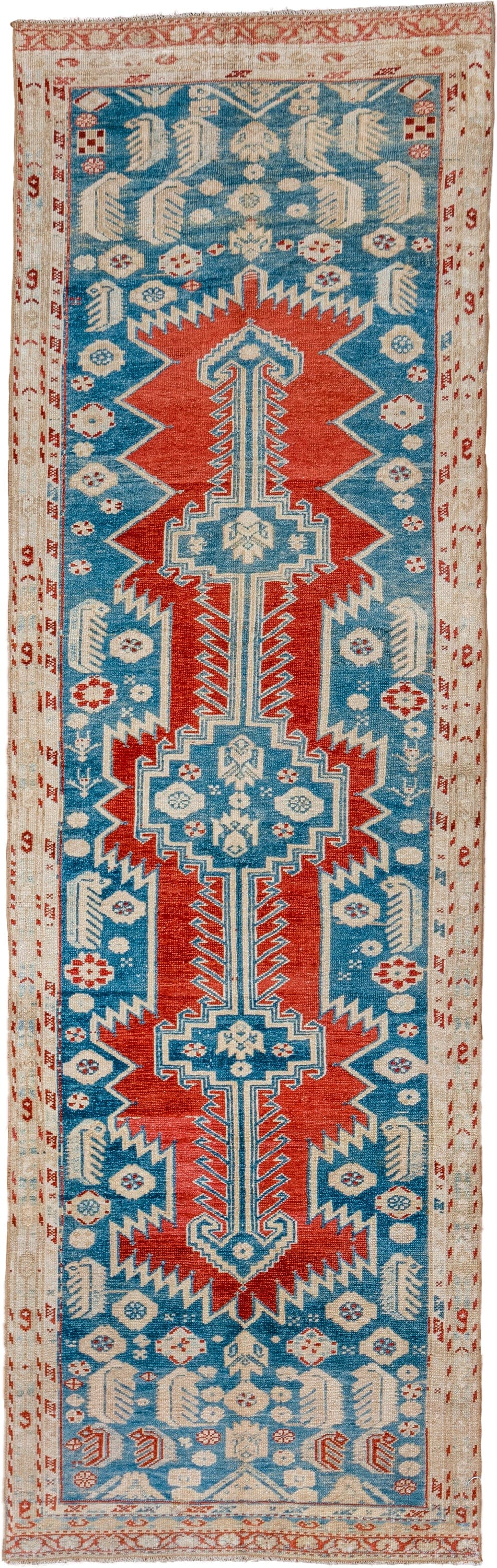 2' x 8' one-of-a-kind handmade vintage Malayer runner rug. Color palette: sky blue, ivory, rust, brick red, cream, camel