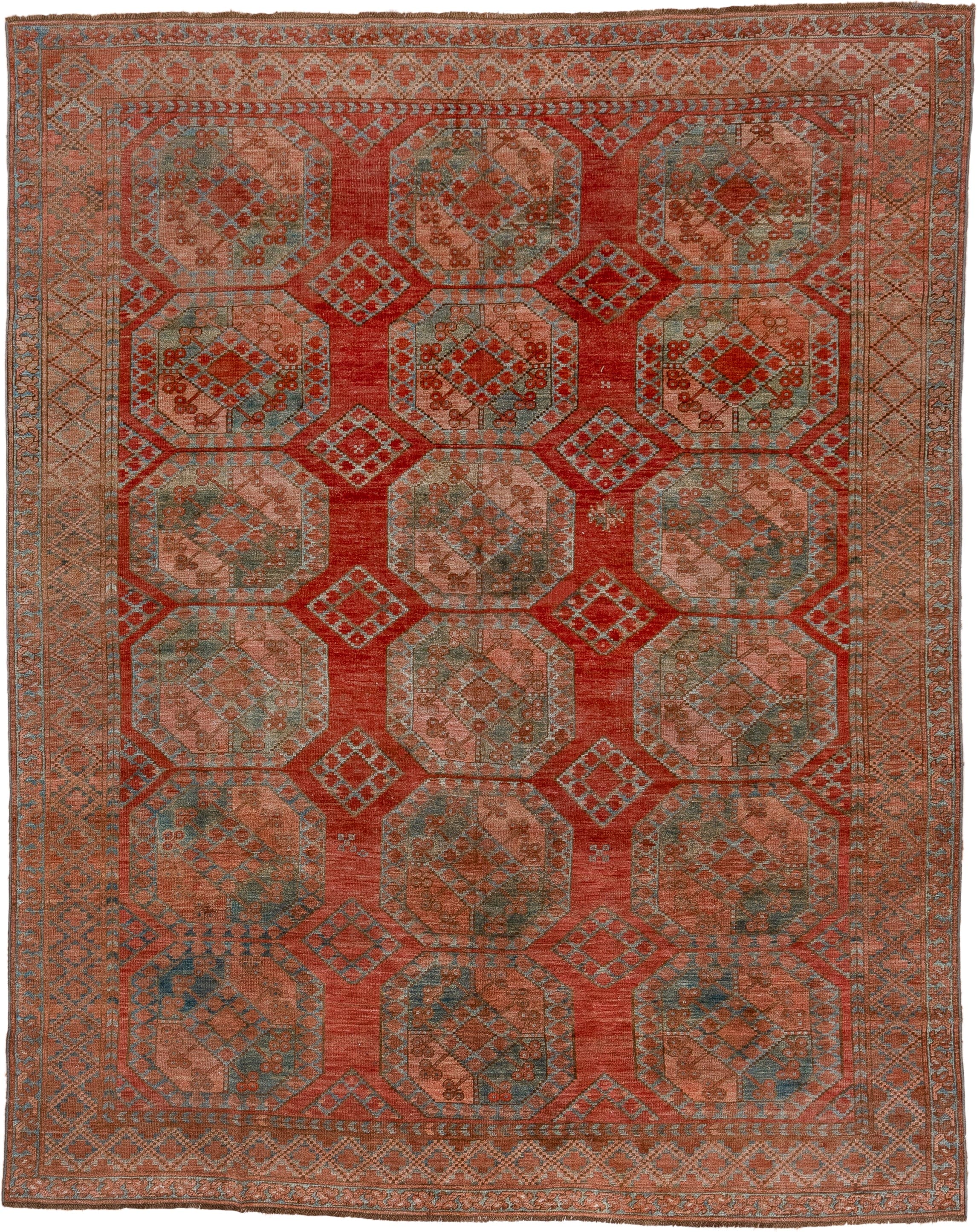 7' x 8' one-of-a-kind handmade vintage Afghan rug. Color palette: rust, terra cotta, dusty rose, sage, taupe, brown