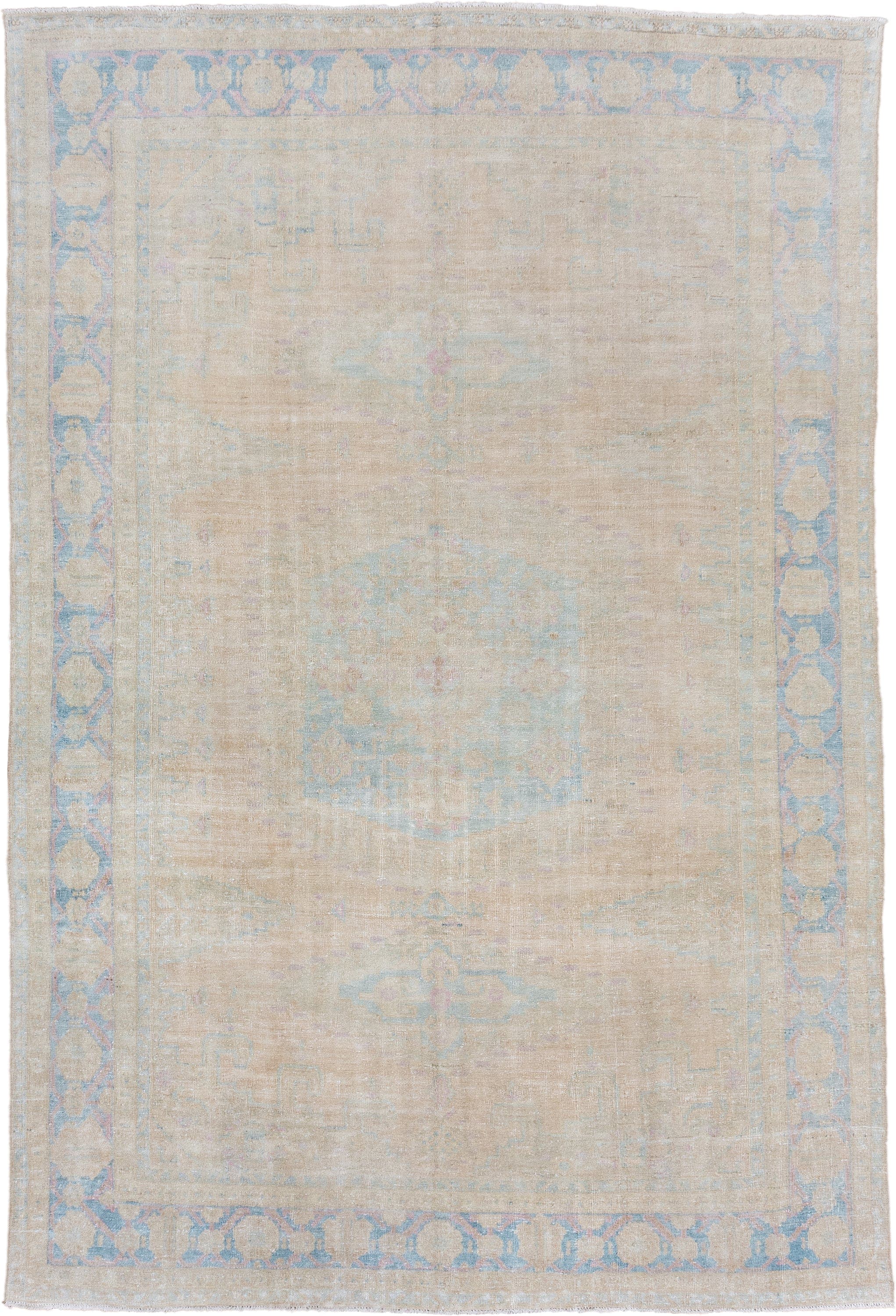 7' x 11' one-of-a-kind handmade vintage Veece large size rug. Color palette: ivory, pale blue, beige, blush, cream, taupe