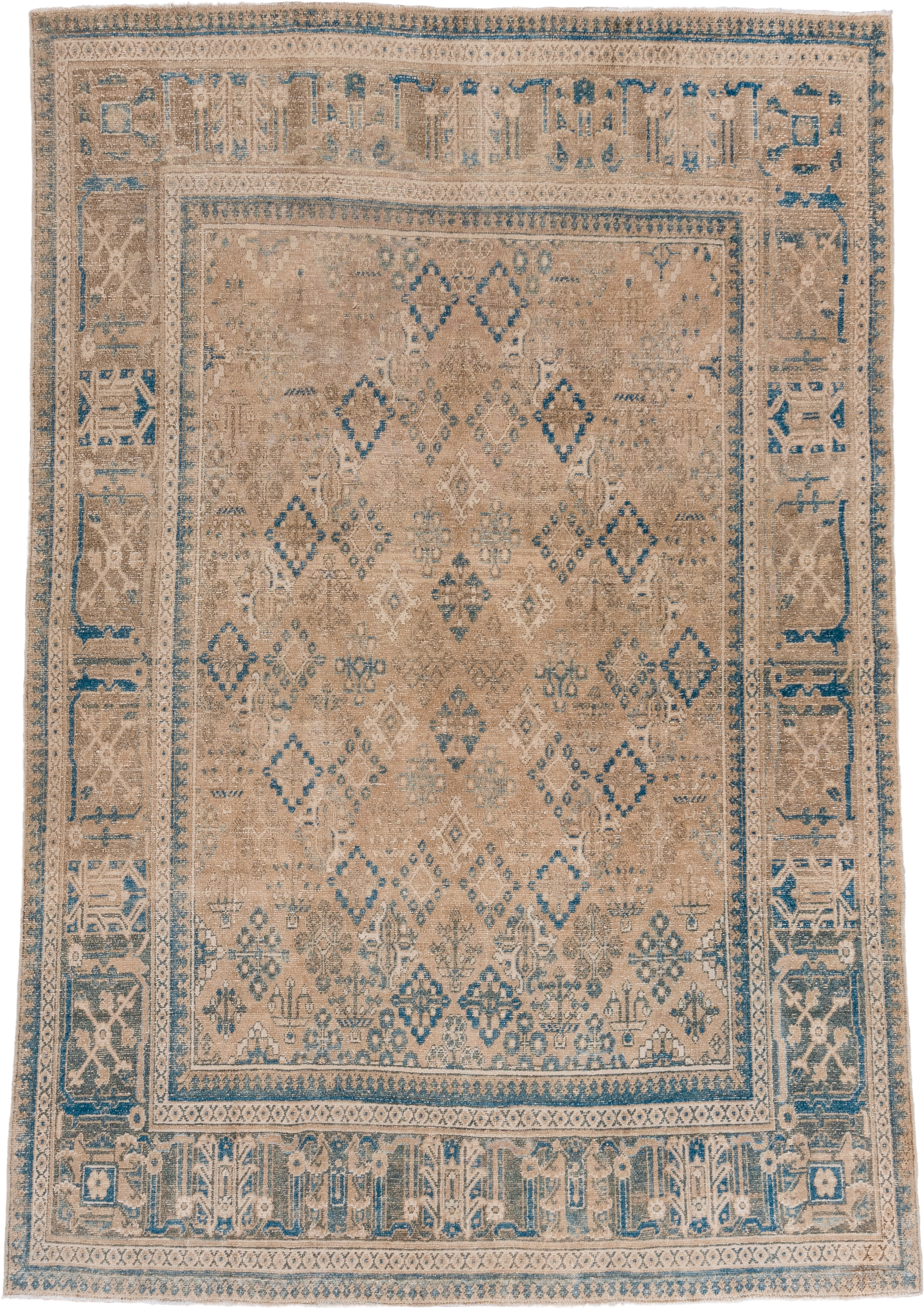 6' x 10' one-of-a-kind handmade vintage Joshegan large size rug. Color palette: camel, ivory, sky blue, taupe, beige