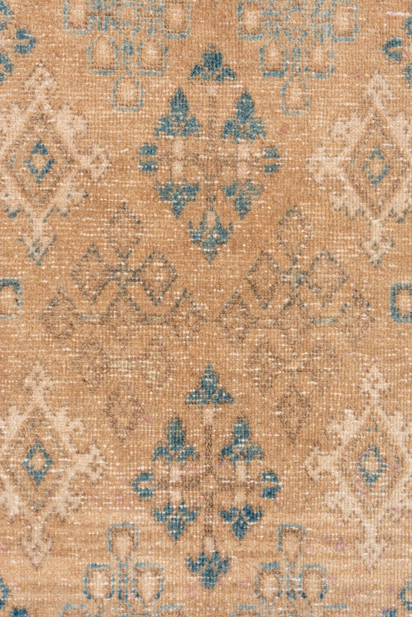 6' x 10' one-of-a-kind handmade vintage Joshegan large size rug. Color palette: camel, ivory, sky blue, taupe, beige