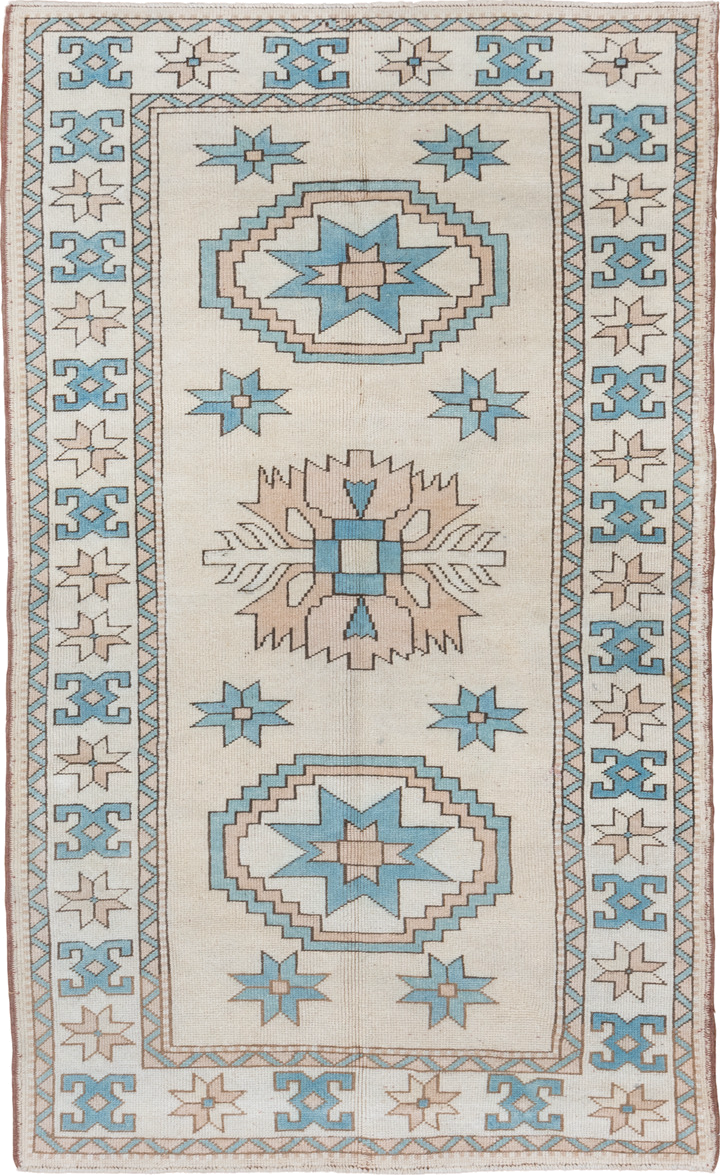 4' x 7' one-of-a-kind handmade vintage Oushak rug. Color palette: ivory, sky blue, beige, taupe, camel, light blue, gray