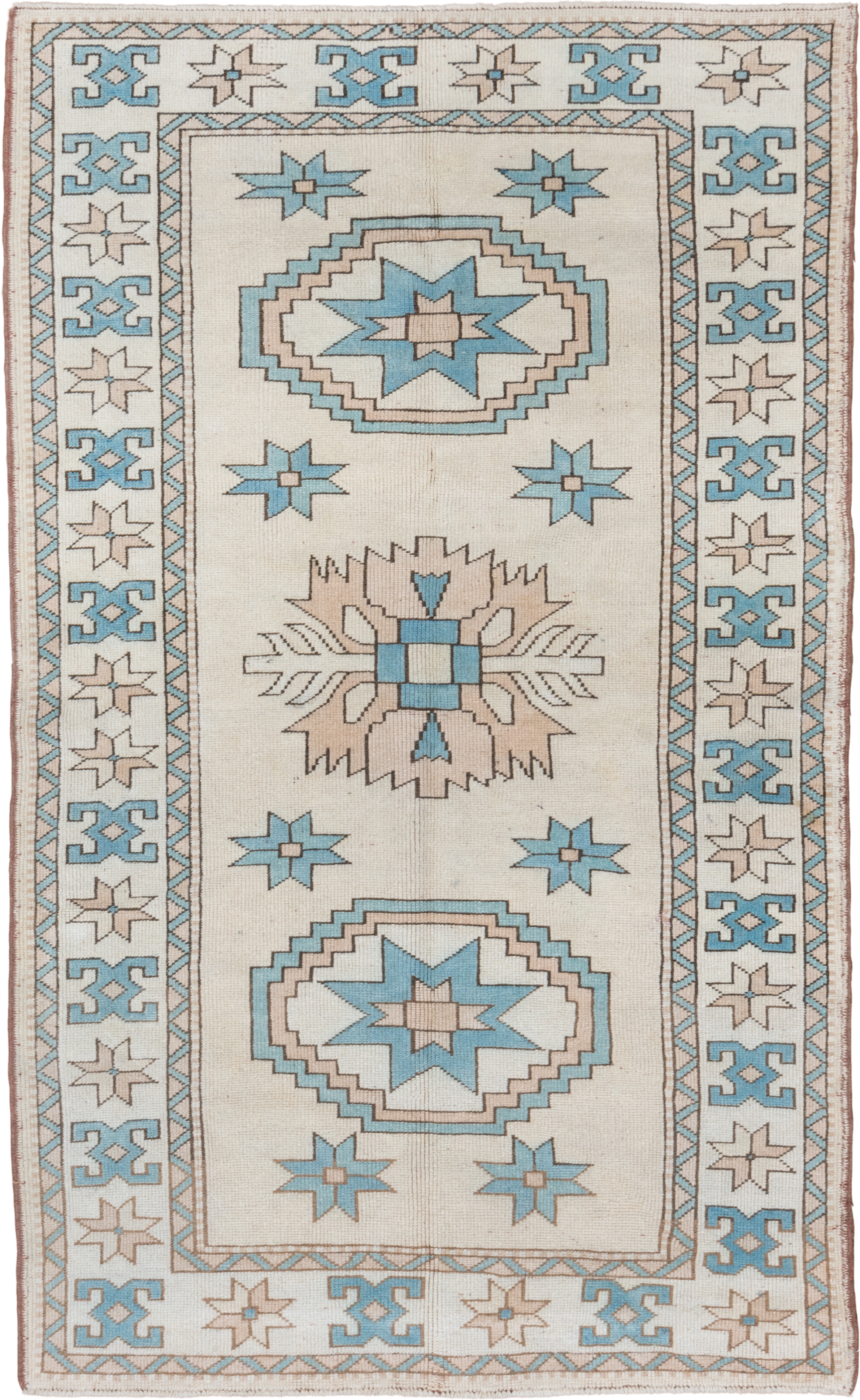 4' x 7' one-of-a-kind handmade vintage Oushak rug. Color palette: ivory, sky blue, beige, taupe, camel, light blue, gray