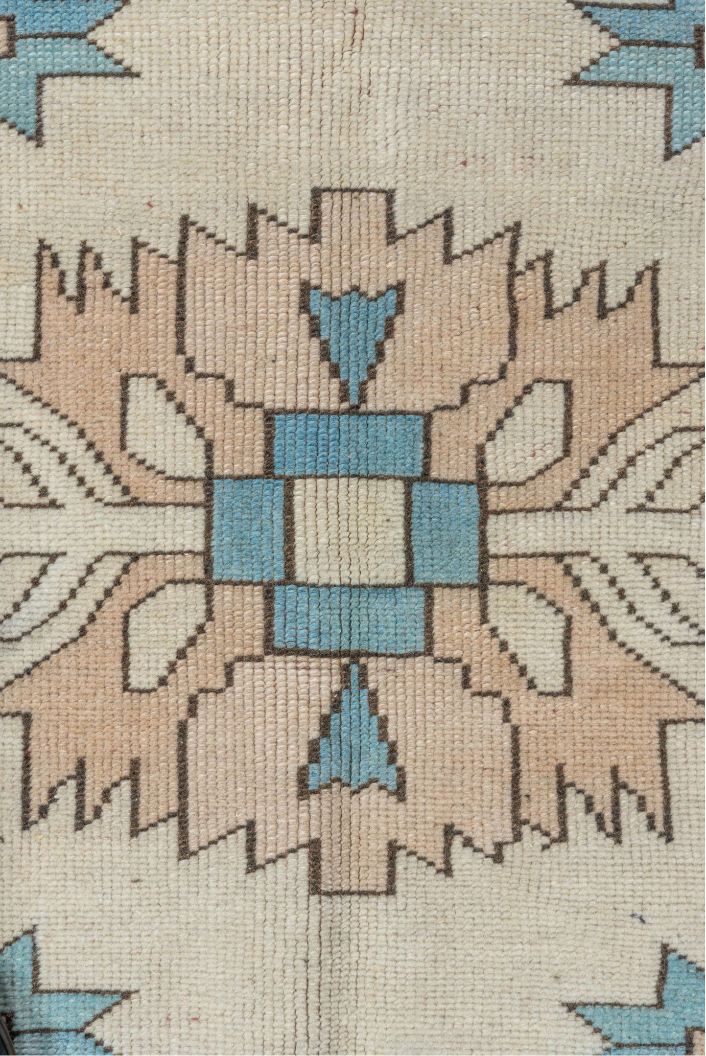 4' x 7' one-of-a-kind handmade vintage Oushak rug. Color palette: ivory, sky blue, beige, taupe, camel, light blue, gray