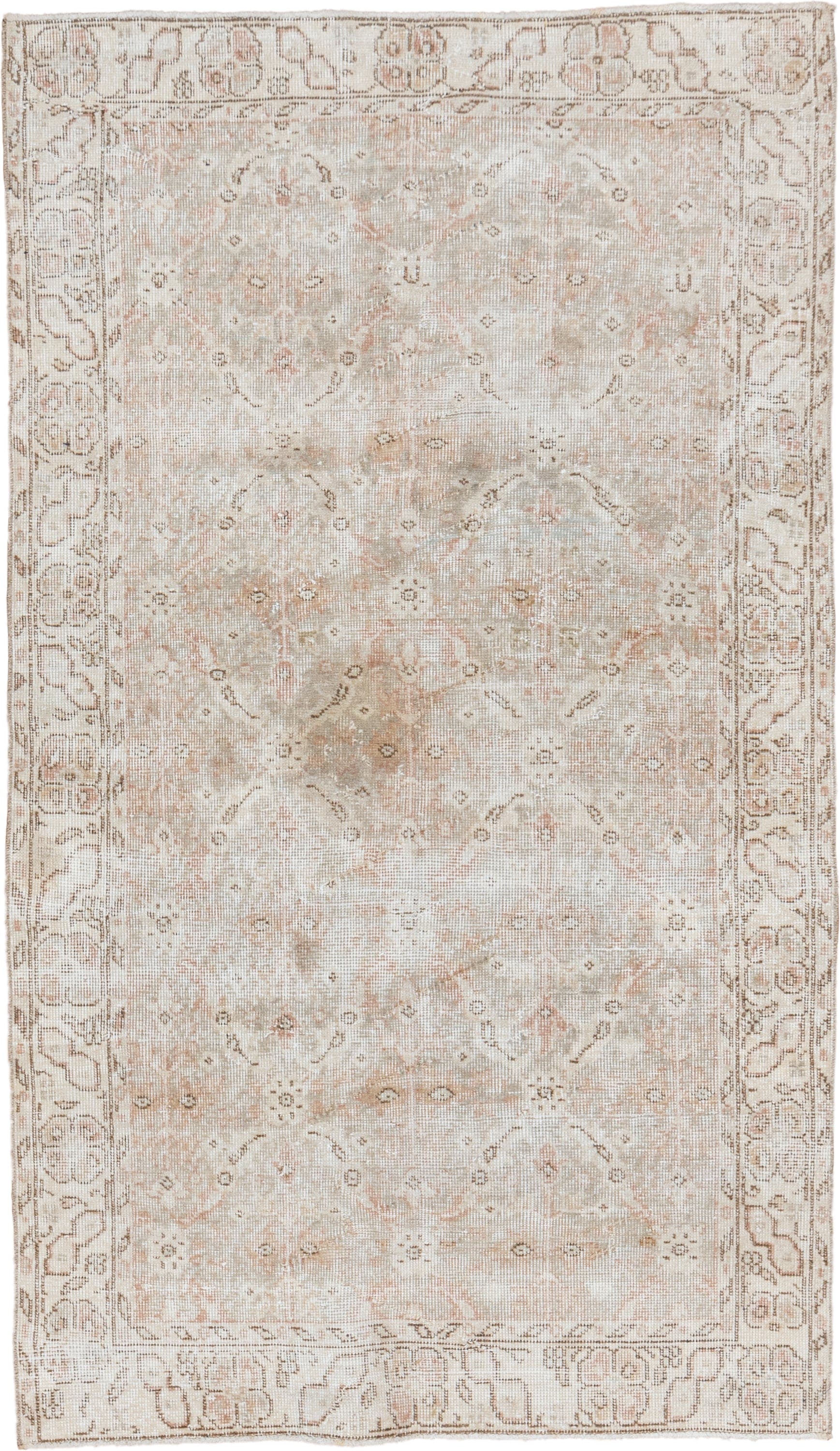 3' x 6' one-of-a-kind handmade vintage Oushak small size rug. Color palette: ivory, beige, taupe, blush, sand, camel, gray