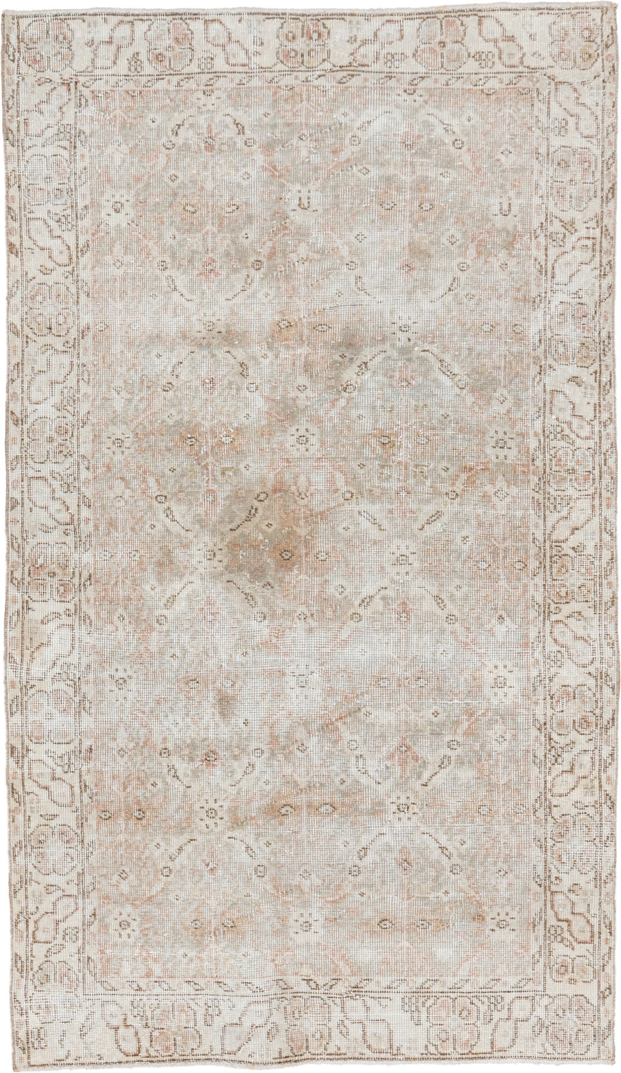 3' x 6' one-of-a-kind handmade vintage Oushak small size rug. Color palette: ivory, beige, taupe, blush, sand, camel, gray